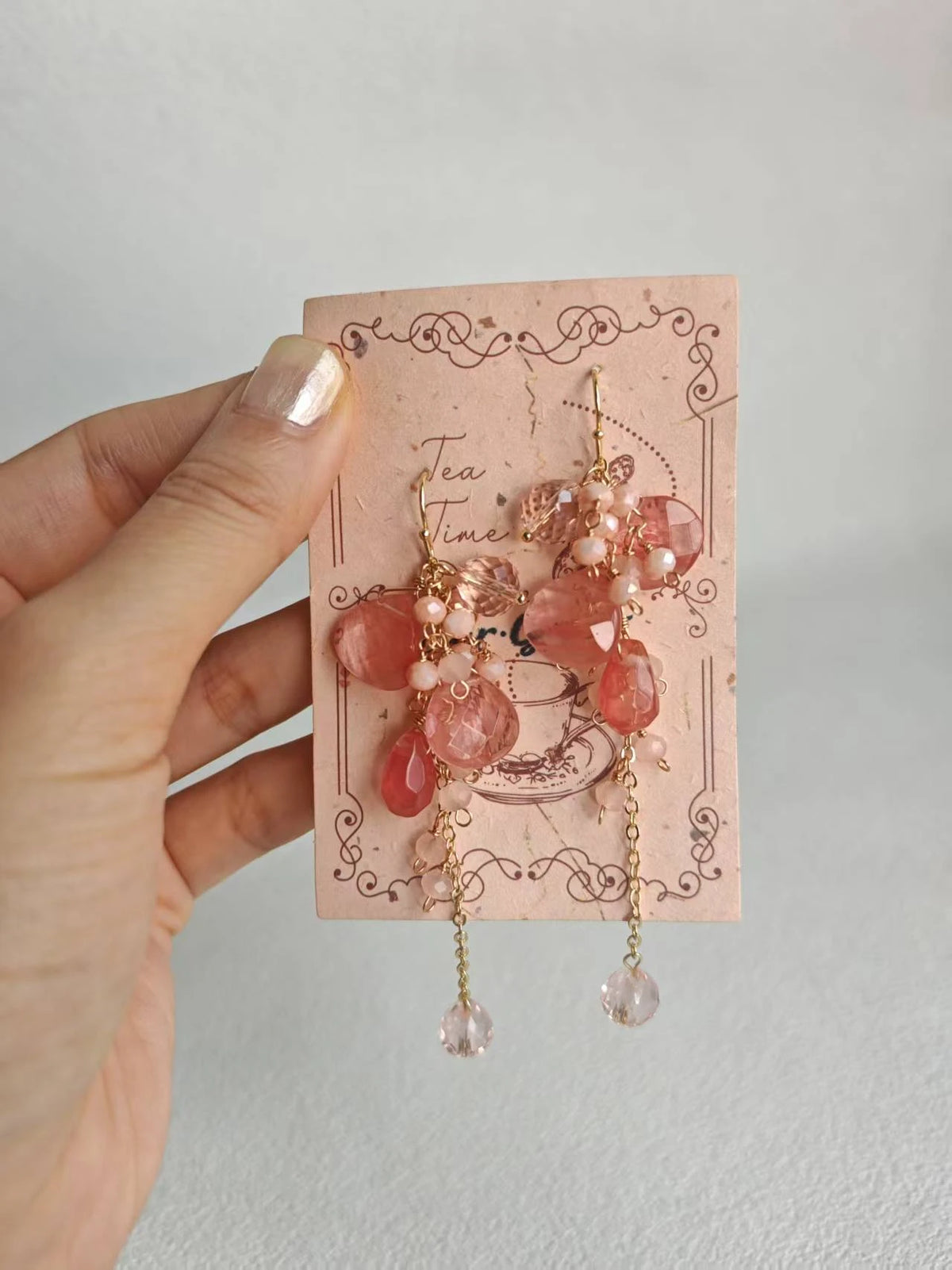 Happie Peppie  Natural Pink Quartz Cluster Earrings | Watermelon Quartz & Red Rutilated Crystal Drop Earrings