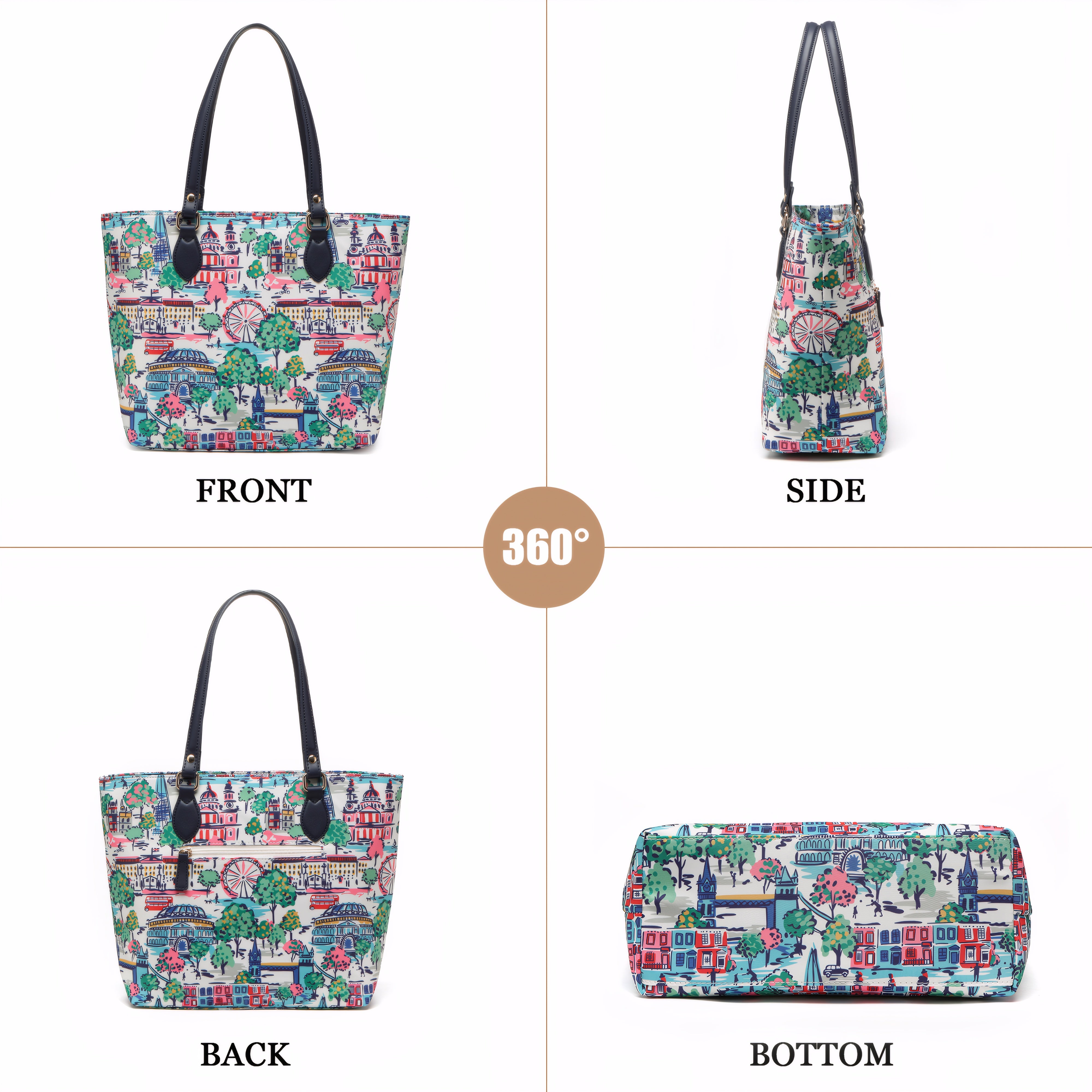 Cutie Kittie Tote bags for women, tote purse, nylon tote bag, with zipper and pockets, waterproof, lightweight，London