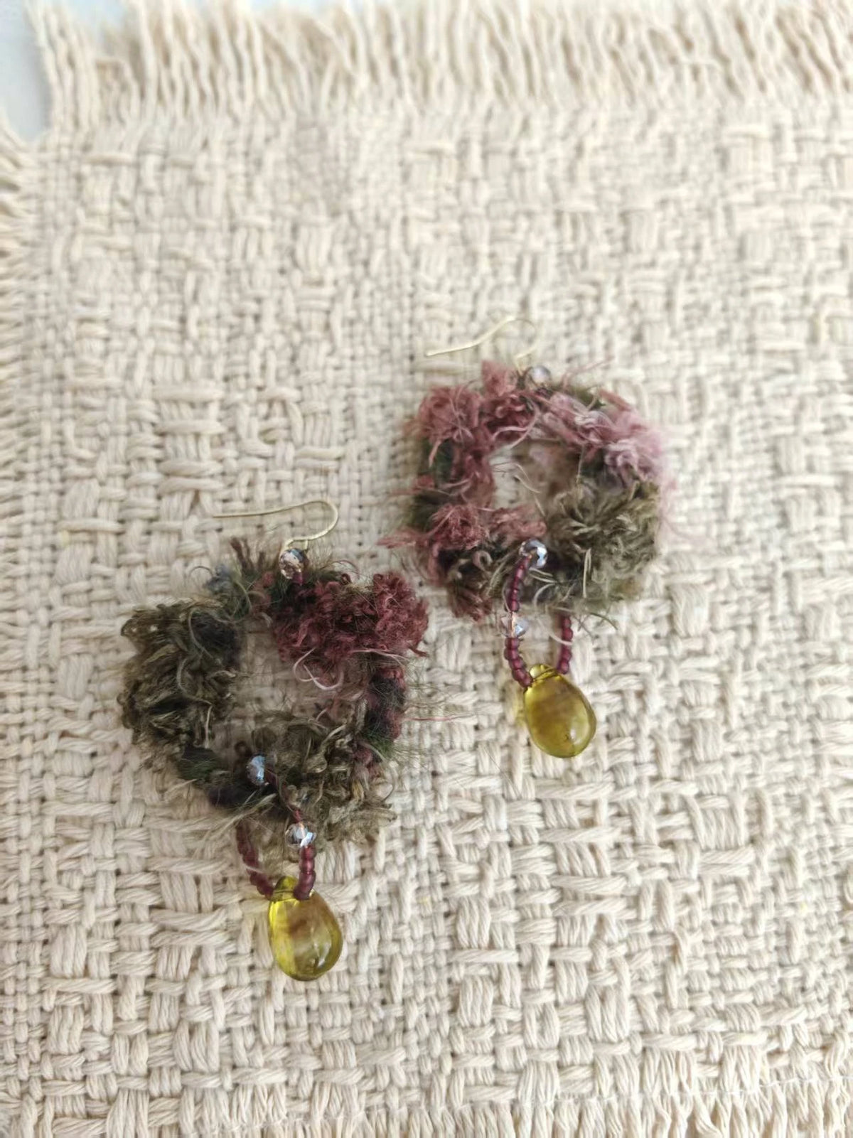Happie Peppie Fuzzy Yarn Hoop Drop Earrings | Handmade Bohemian Statement Earrings