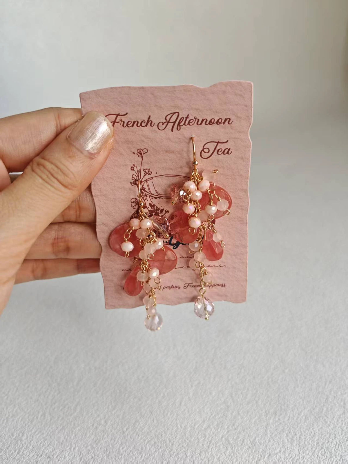 Happie Peppie  Natural Pink Quartz Cluster Earrings | Watermelon Quartz & Red Rutilated Crystal Drop Earrings