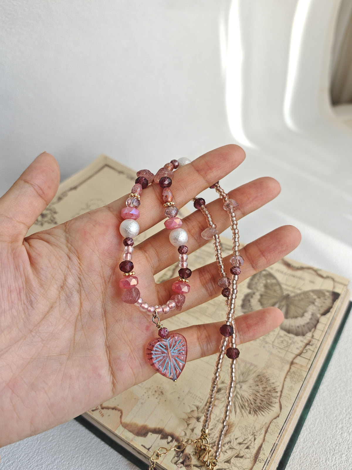 Happie Peppie One of a Kind Handstrung Czech Glass Necklace with Cotton Pearls, Romantic Pink Heart Charm