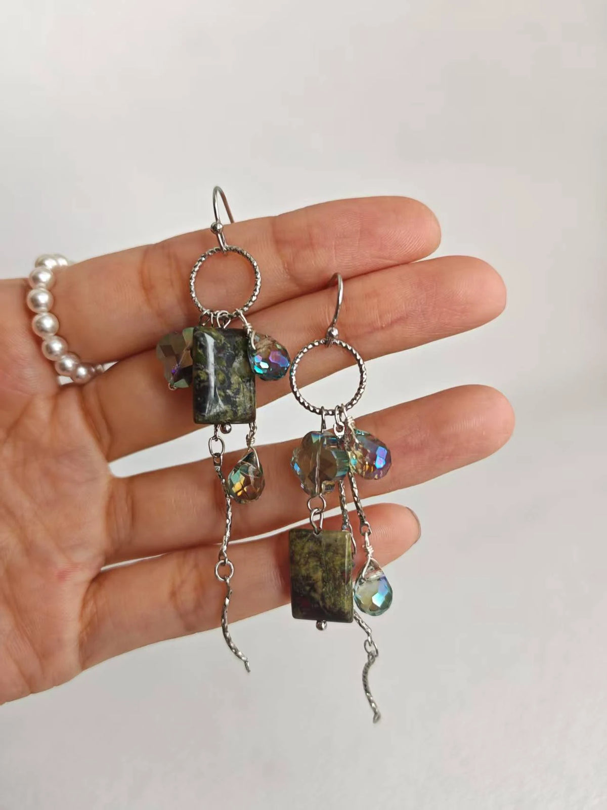 Natural Dragon Blood Stone Drop Earrings Peacock Green Crystal Fringe Earrings（Custom order）