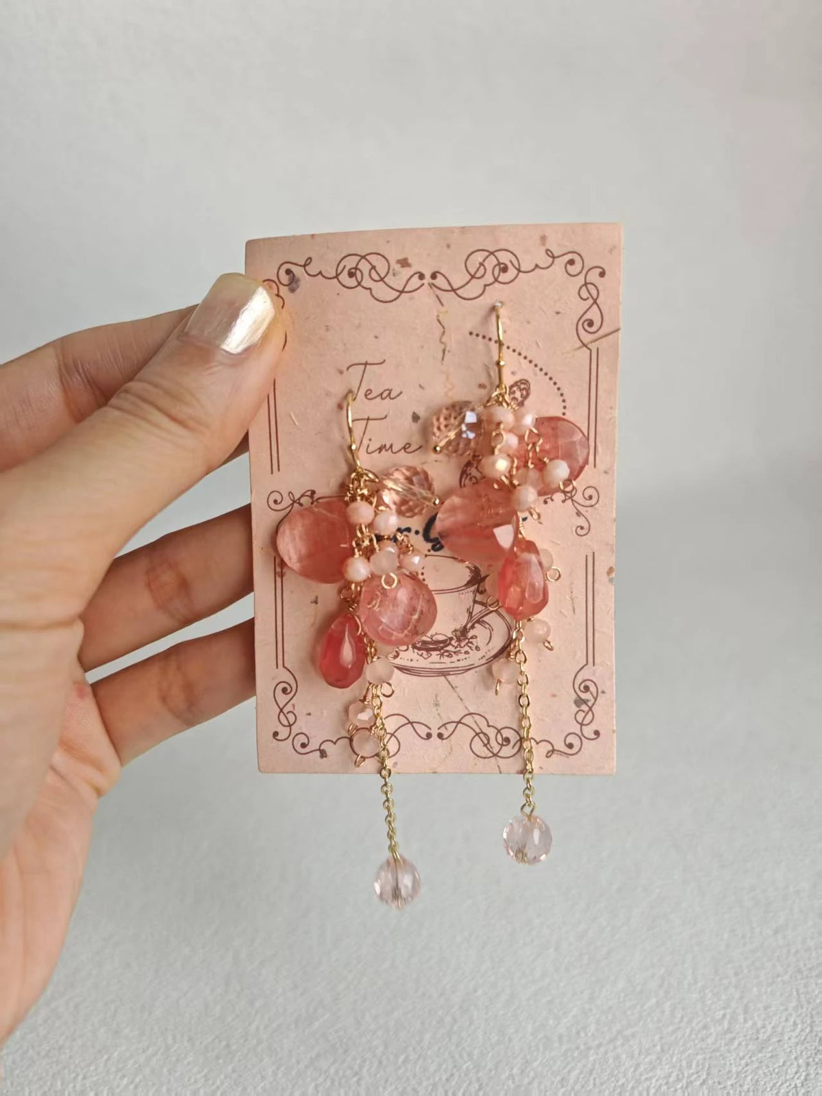 Happie Peppie  Natural Pink Quartz Cluster Earrings | Watermelon Quartz & Red Rutilated Crystal Drop Earrings