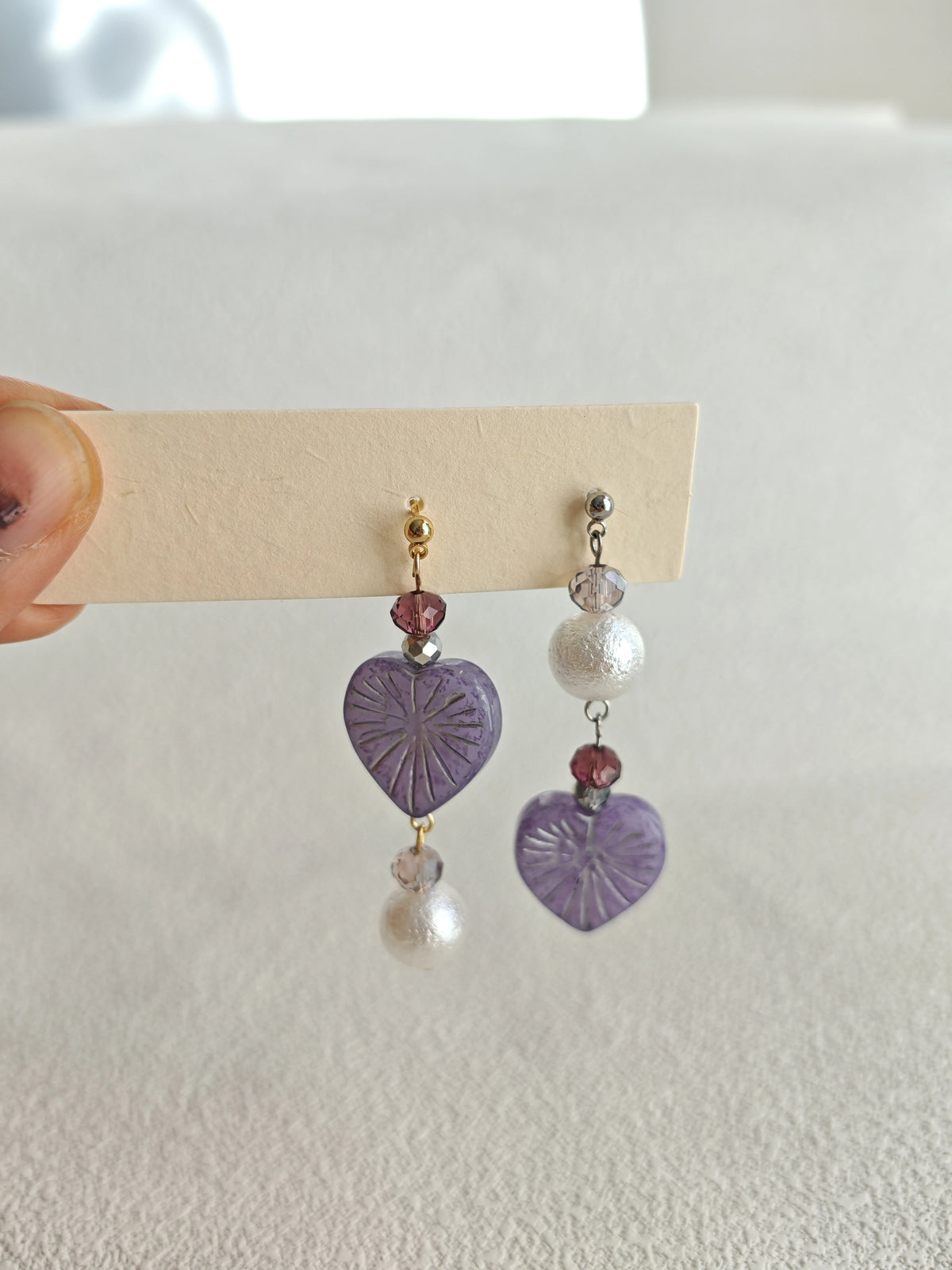 Happie Peppie Asymmetric Heart Dangle Earrings, Handmade Czech Glass & Cotton Pearl Drop Earrings for Women
