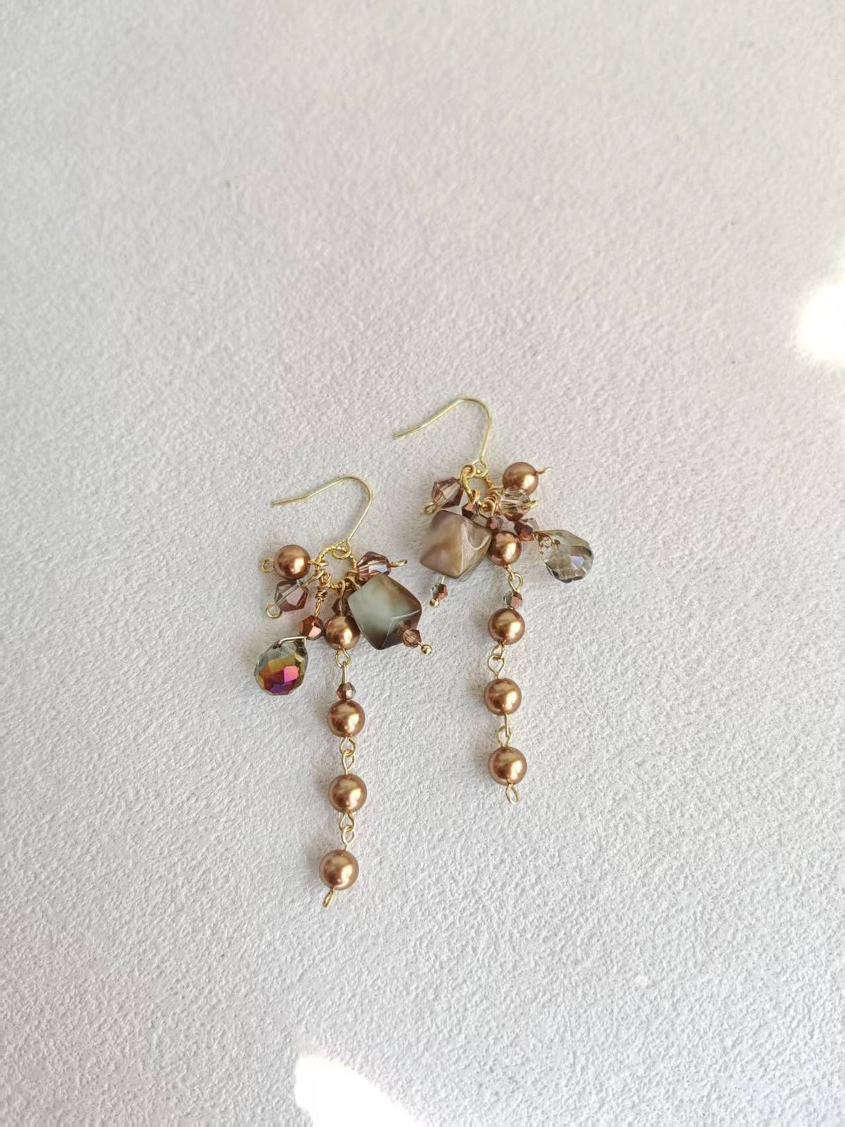 Happie Peppie Vintage Cat's Eye Bead Earrings | Brown Pearl & Glass Crystal Drop Earrings
