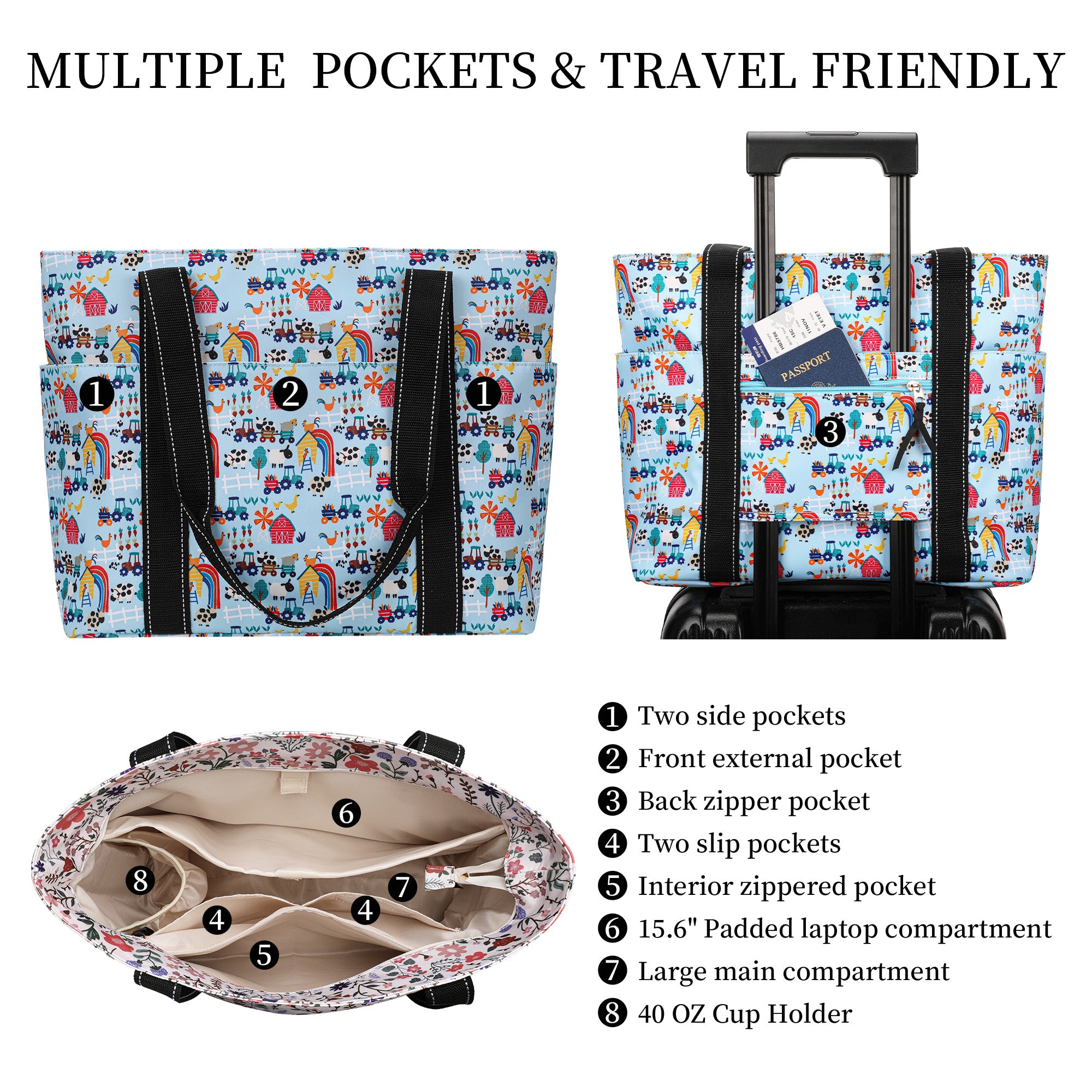 Happie Peppie Tote Bag for Women,Tote Bag with Laptop Compartment and Cup Holder,Shoulder Bag Handbag for Work, Travel, Gym, Nurse Teacher School ,with Multiple Pockets Top Zipper Closure