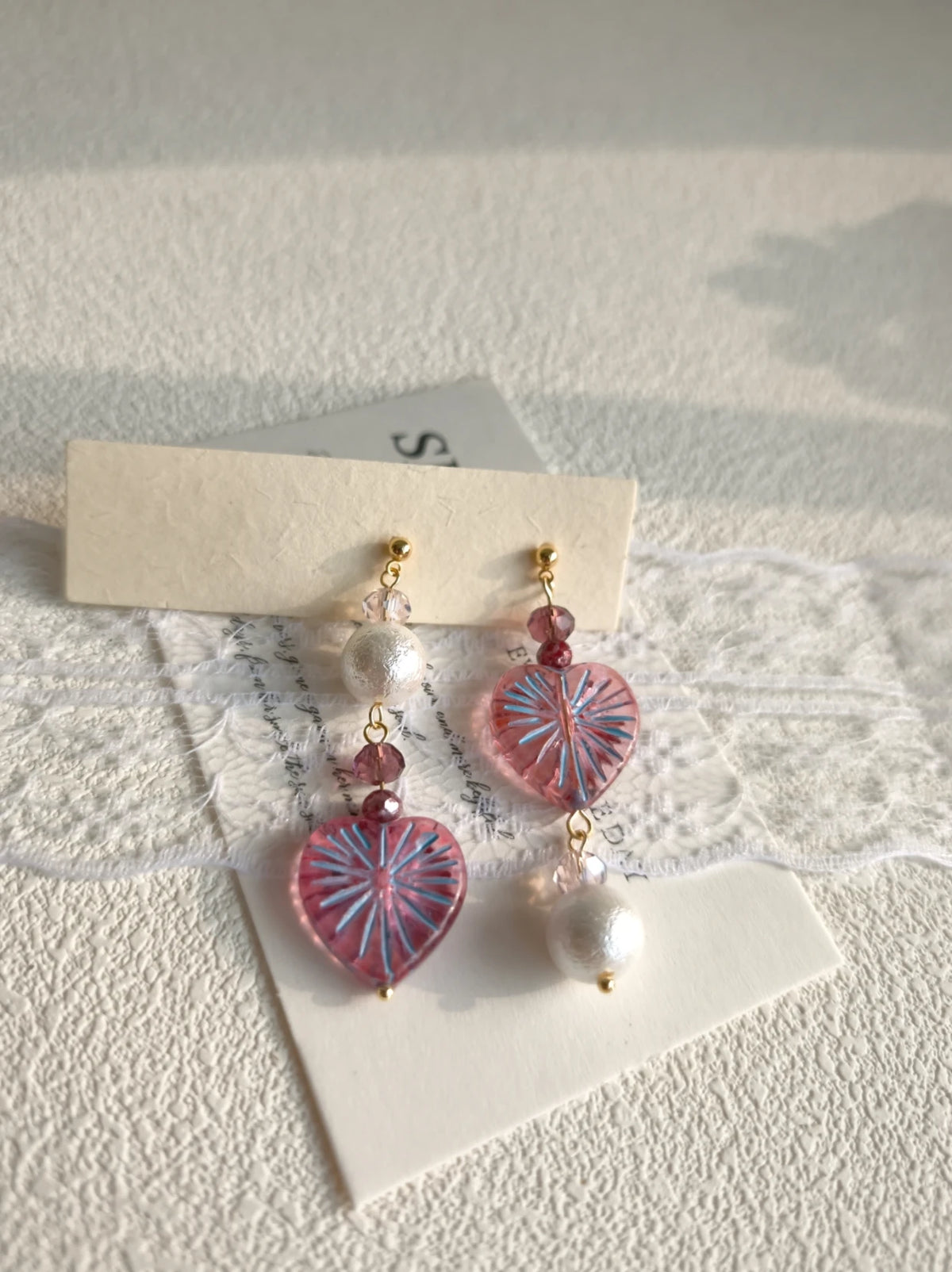 Happie Peppie Asymmetric Heart Dangle Earrings, Handmade Czech Glass & Cotton Pearl Drop Earrings for Women