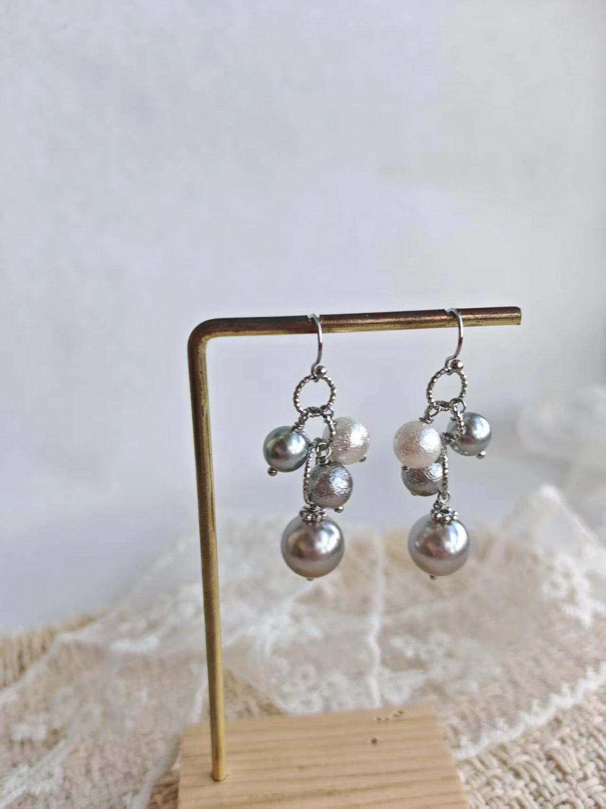 Happie Peppie | Grey Tahitian Style Cotton Pearl Drop Earrings, Multi Bead Dangle Earrings, Handmade Silver Tone Jewelry