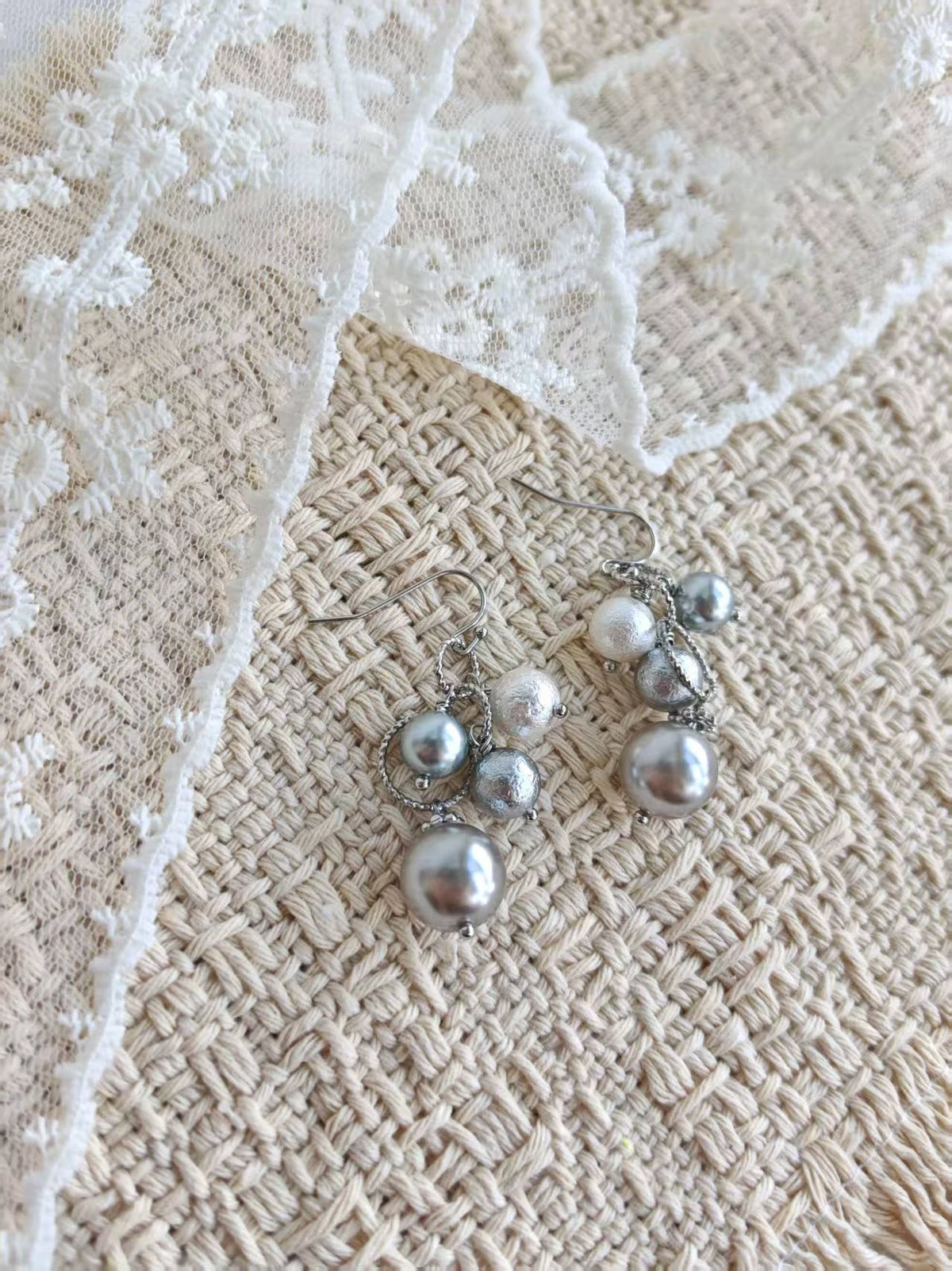 Happie Peppie | Grey Tahitian Style Cotton Pearl Drop Earrings, Multi Bead Dangle Earrings, Handmade Silver Tone Jewelry