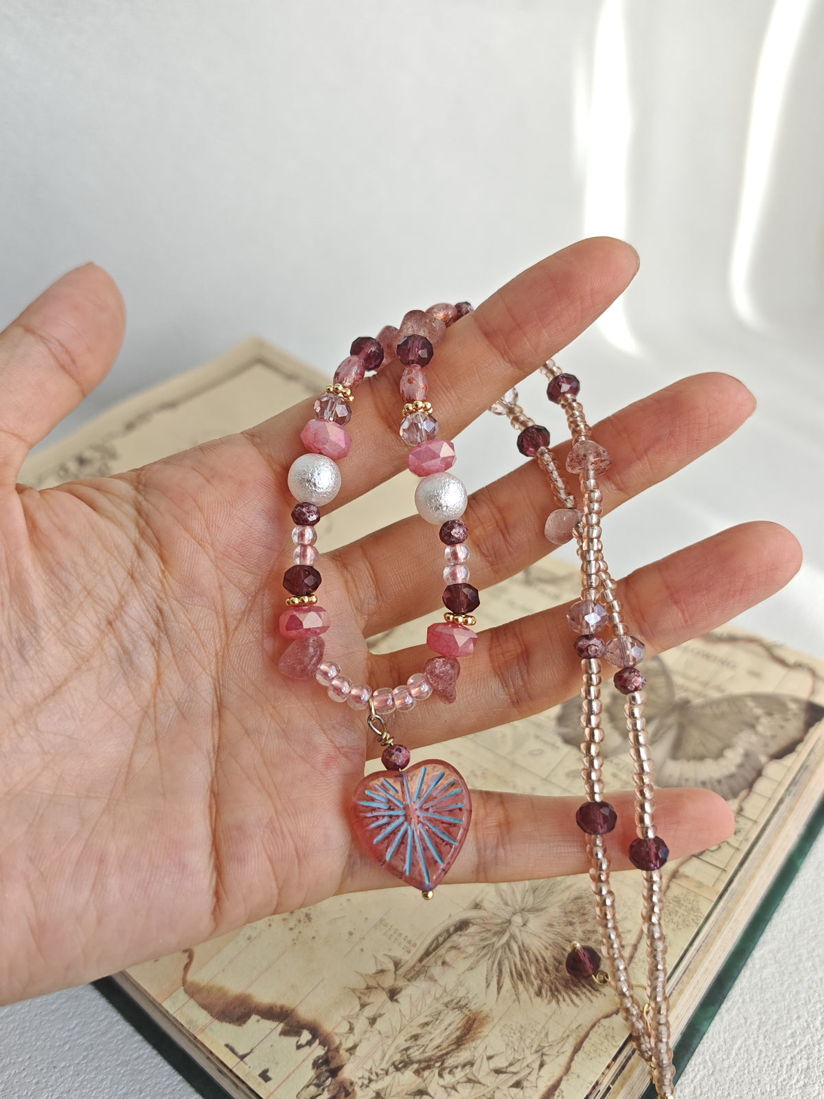 Happie Peppie One of a Kind Handstrung Czech Glass Necklace with Cotton Pearls, Romantic Pink Heart Charm