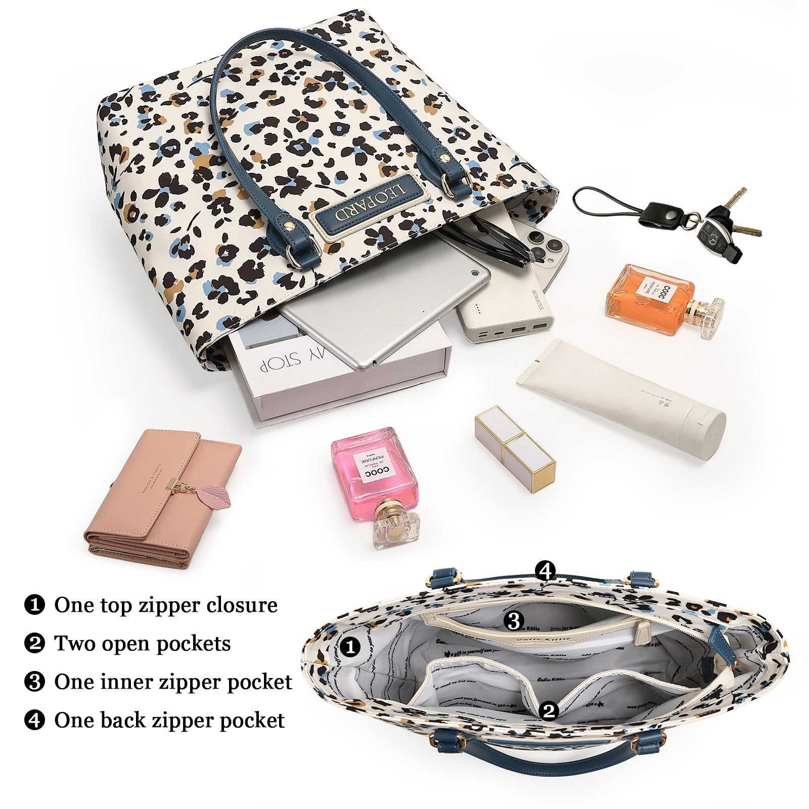 Cutie Kittie Tote bags for women, tote purse, nylon tote bag, with zipper and pockets, waterproof, lightweight，leopard