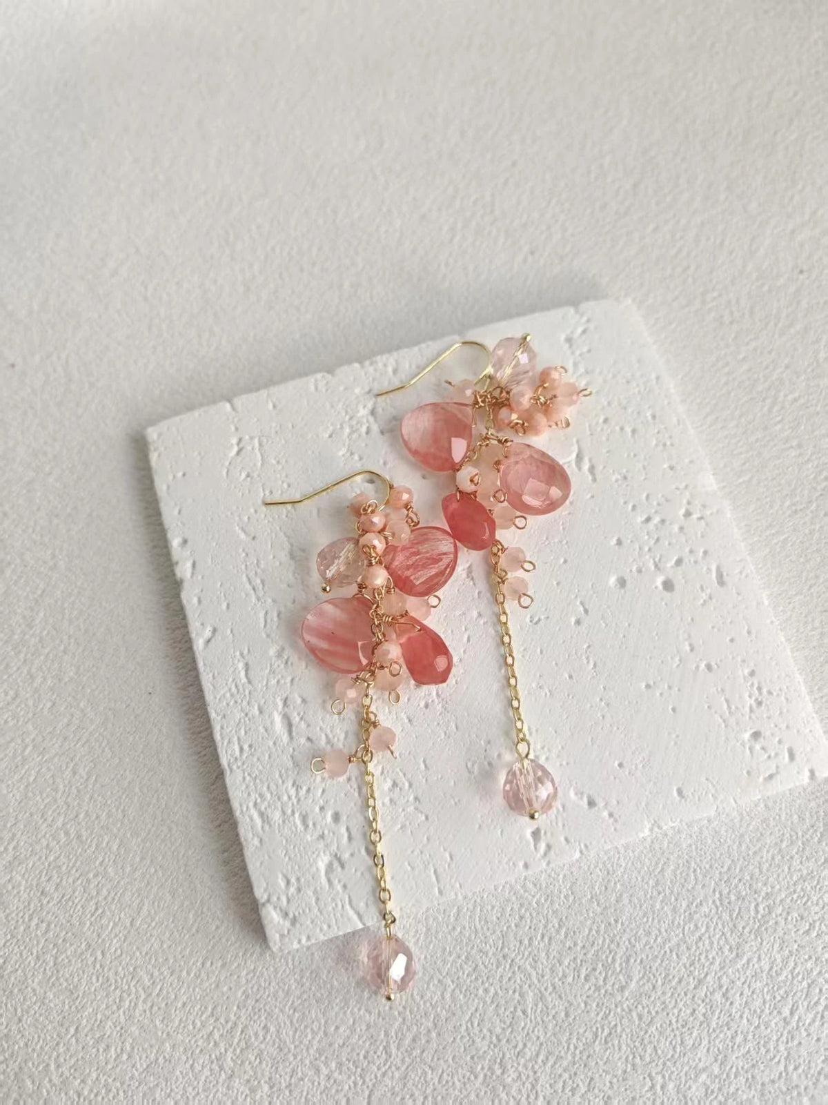Happie Peppie  Natural Pink Quartz Cluster Earrings | Watermelon Quartz & Red Rutilated Crystal Drop Earrings