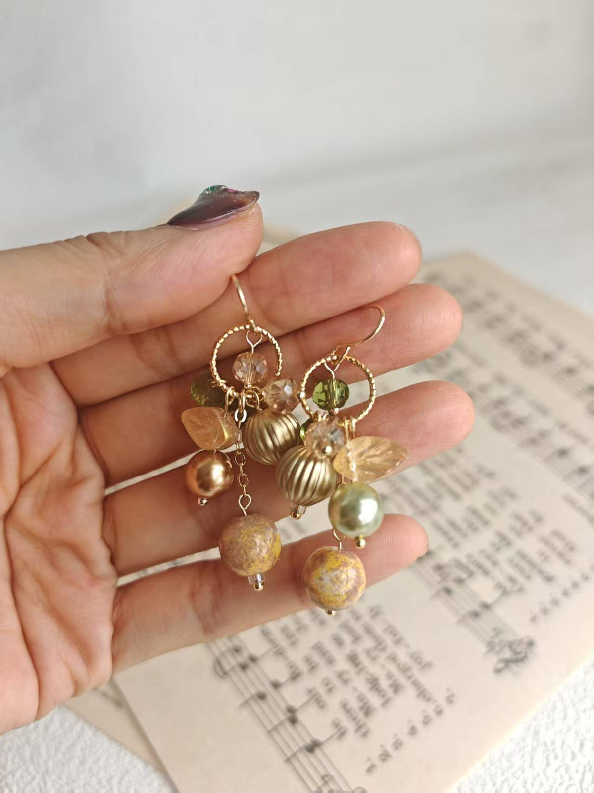Happie Peppie Vintage Oil Painting Bead Dangle Earrings, Handmade Glass Crystal Pearl Drop Earrings