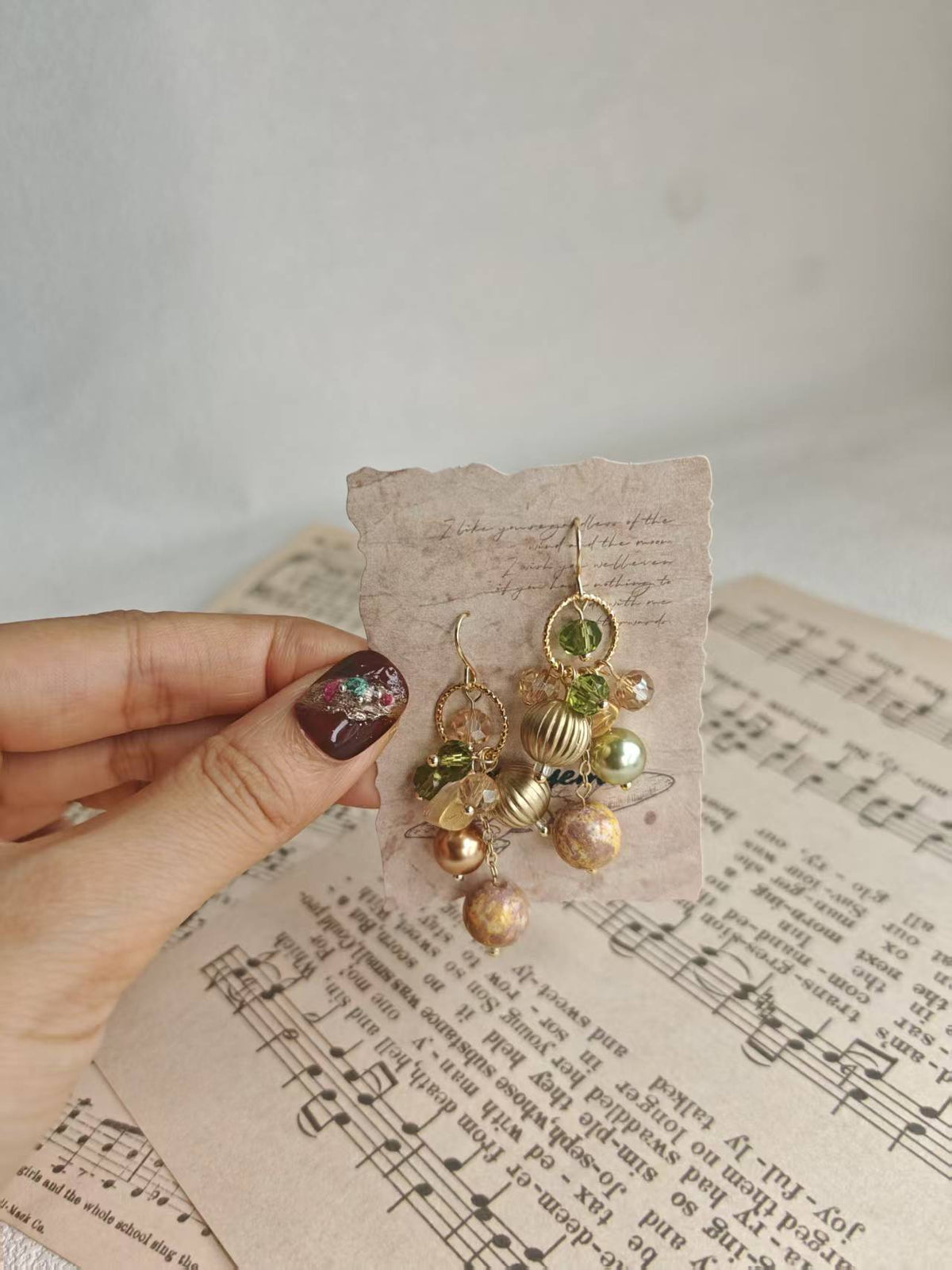 Happie Peppie Vintage Oil Painting Bead Dangle Earrings, Handmade Glass Crystal Pearl Drop Earrings