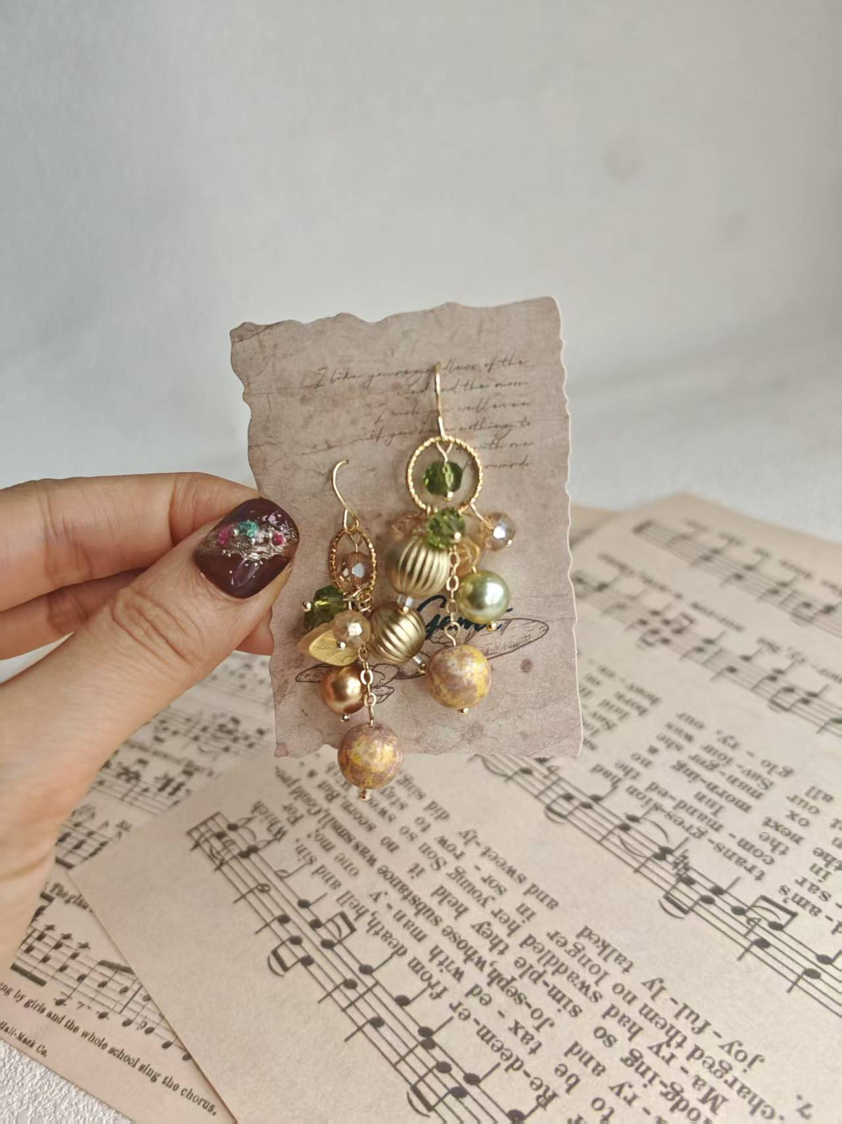 Happie Peppie Vintage Oil Painting Bead Dangle Earrings, Handmade Glass Crystal Pearl Drop Earrings