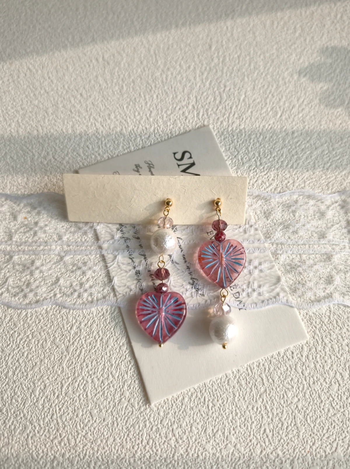 Happie Peppie Asymmetric Heart Dangle Earrings, Handmade Czech Glass & Cotton Pearl Drop Earrings for Women