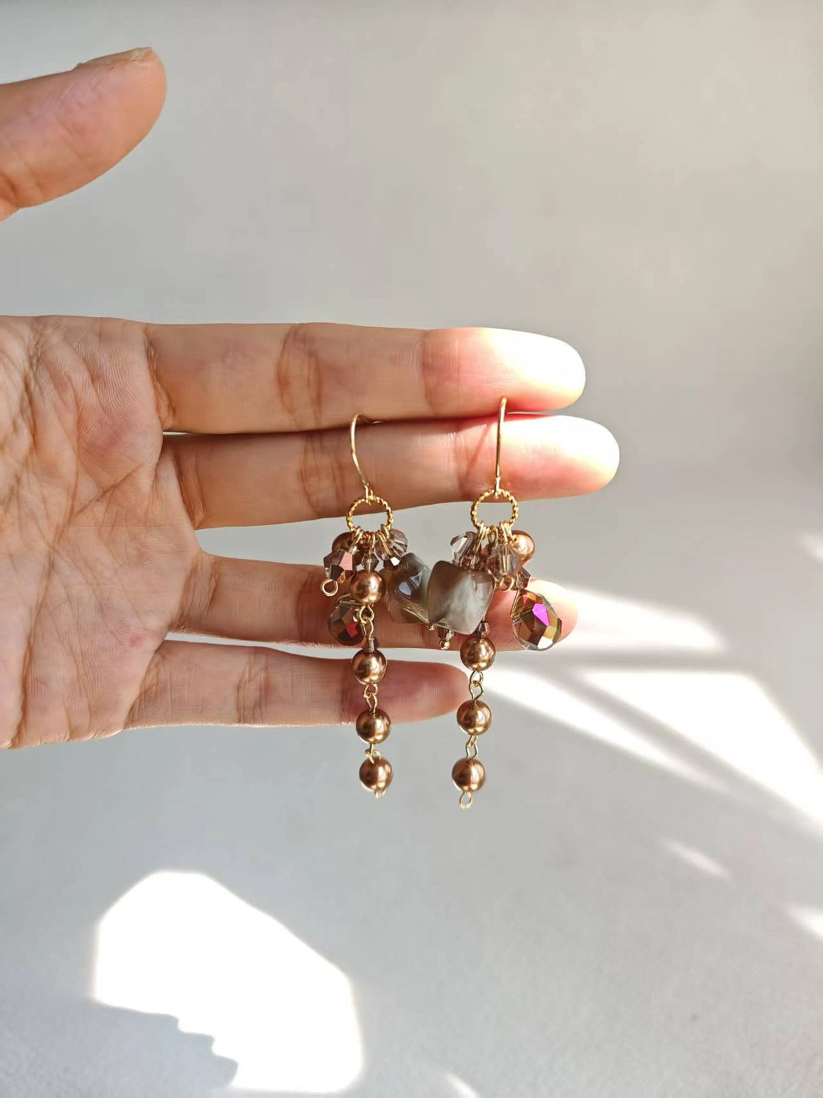 Happie Peppie Vintage Cat's Eye Bead Earrings | Brown Pearl & Glass Crystal Drop Earrings