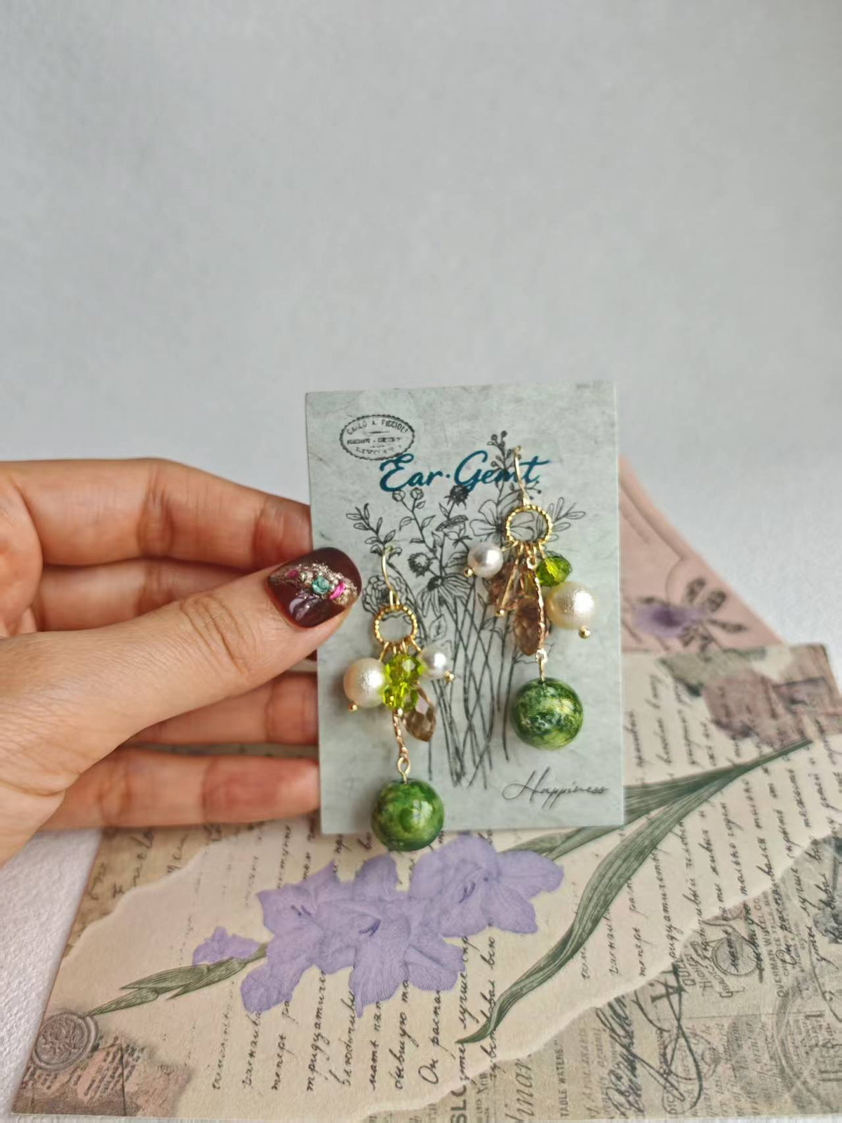 Happie Peppie Vintage Oil Painting Bead Dangle Earrings, Handmade Glass Crystal Pearl Drop Earrings