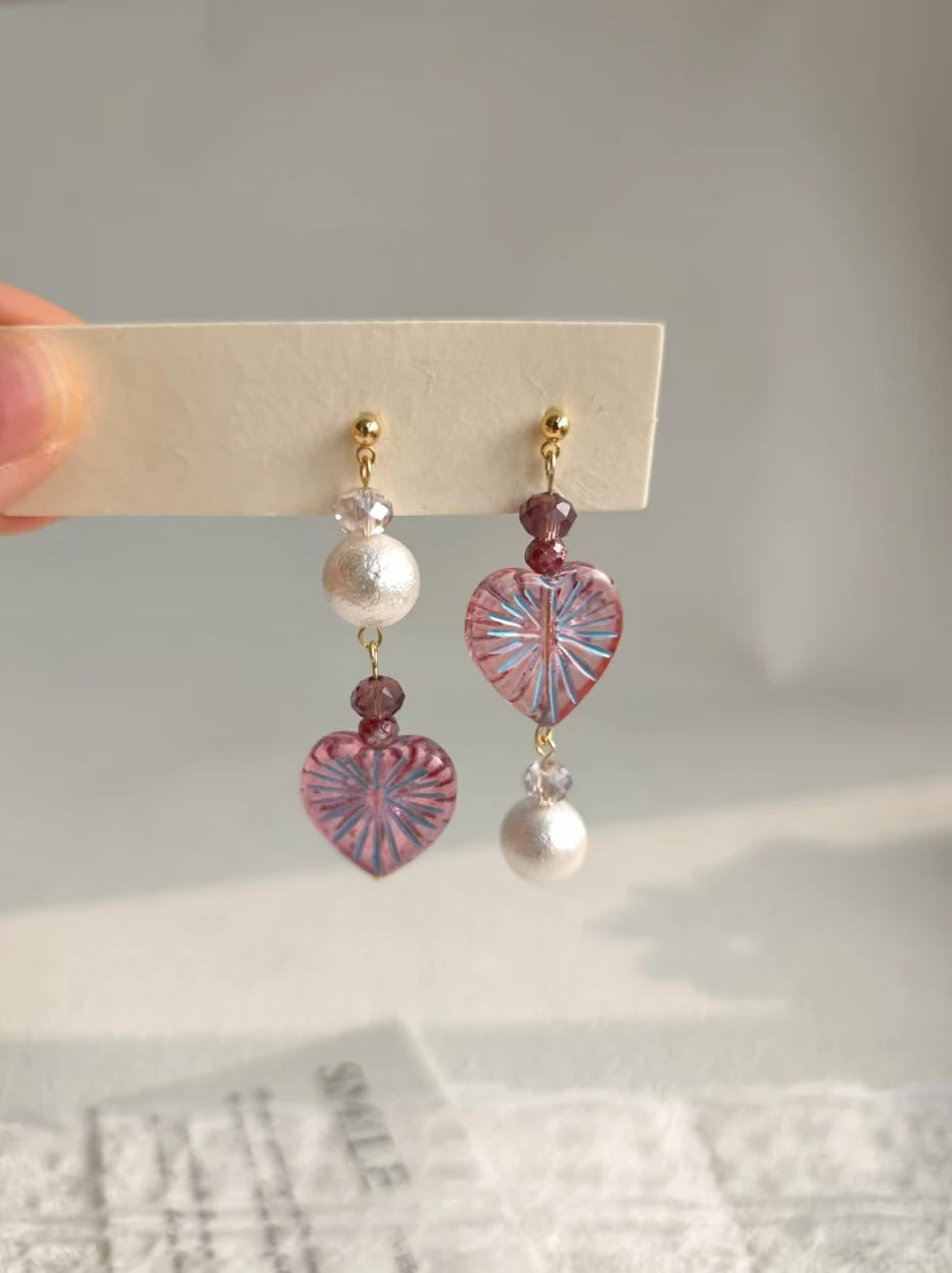 Happie Peppie Asymmetric Heart Dangle Earrings, Handmade Czech Glass & Cotton Pearl Drop Earrings for Women