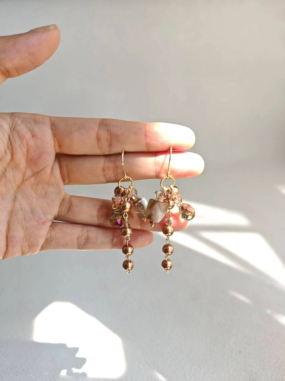 Happie Peppie Vintage Cat's Eye Bead Earrings | Brown Pearl & Glass Crystal Drop Earrings