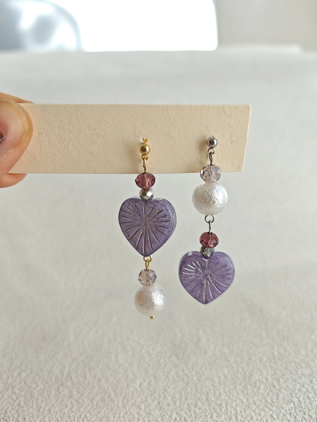 Happie Peppie Asymmetric Heart Dangle Earrings, Handmade Czech Glass & Cotton Pearl Drop Earrings for Women
