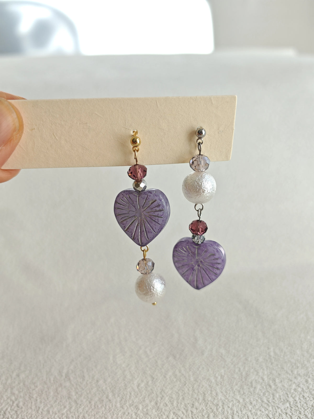Happie Peppie Asymmetric Heart Dangle Earrings, Handmade Czech Glass & Cotton Pearl Drop Earrings for Women