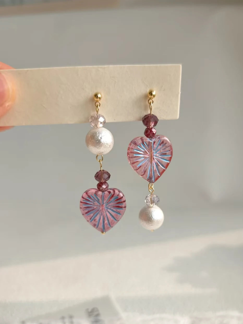 Happie Peppie Asymmetric Heart Dangle Earrings, Handmade Czech Glass & Cotton Pearl Drop Earrings for Women