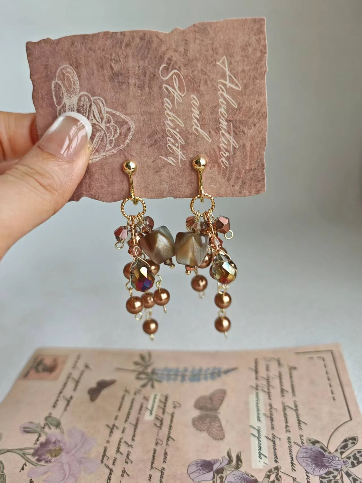 Happie Peppie Vintage Cat's Eye Bead Earrings | Brown Pearl & Glass Crystal Drop Earrings