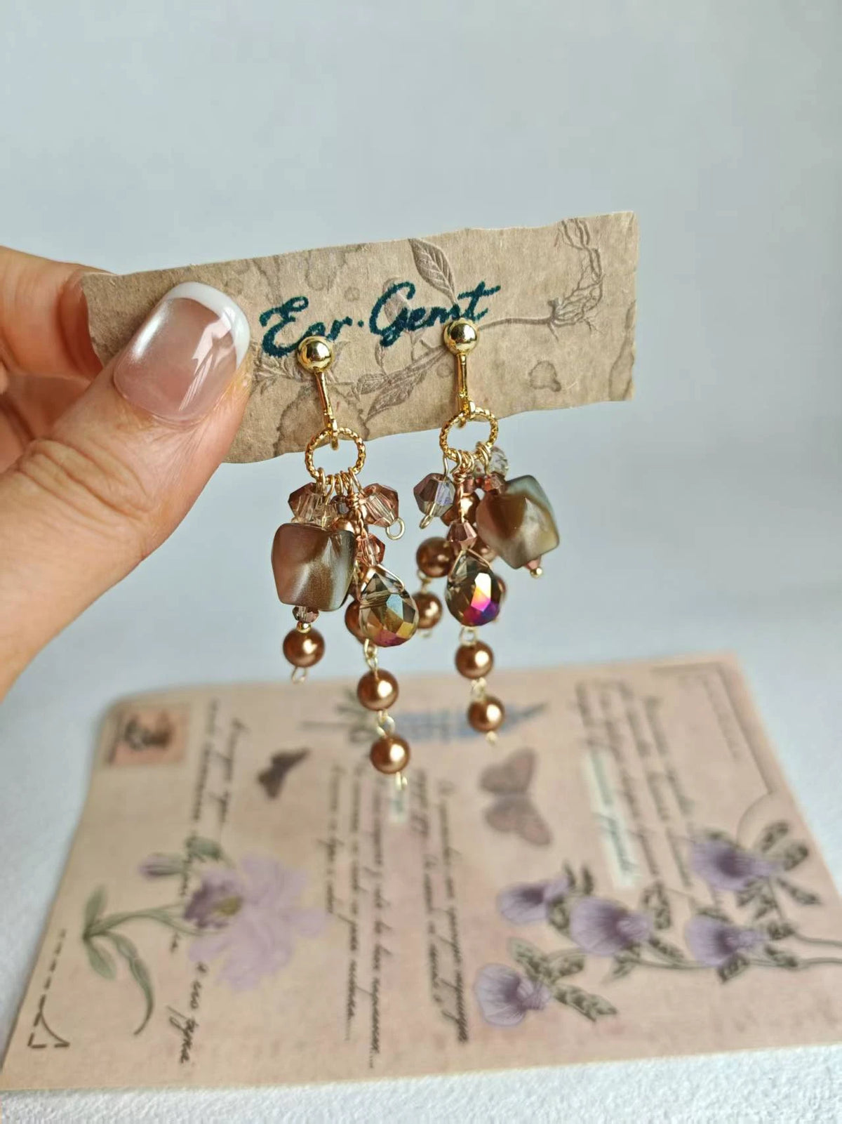 Happie Peppie Vintage Cat's Eye Bead Earrings | Brown Pearl & Glass Crystal Drop Earrings
