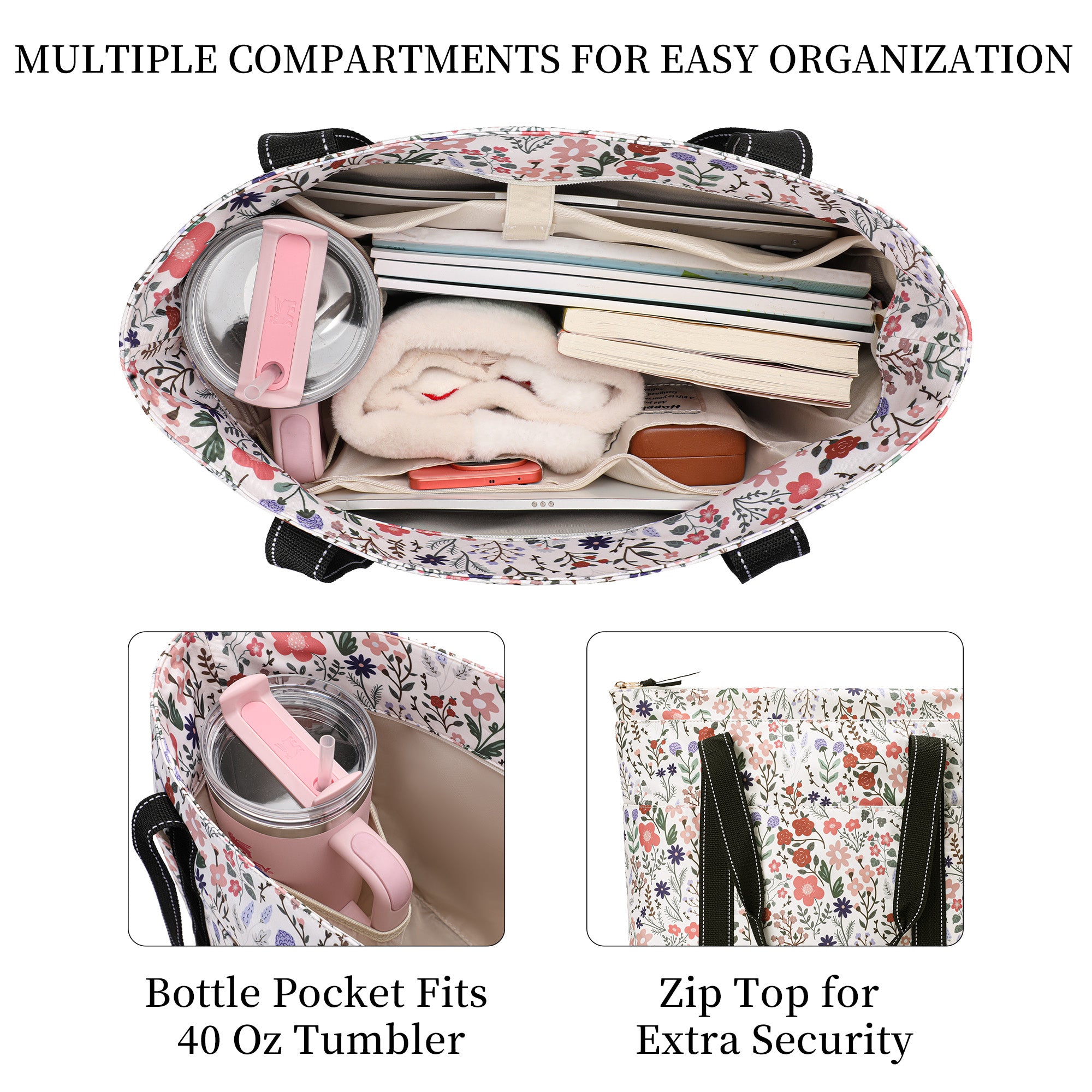 Happie Peppie Tote Bag for Women,Tote Bag with Laptop Compartment and Cup Holder,Shoulder Bag Handbag for Work, Travel, Gym, Nurse Teacher School ,with Multiple Pockets Top Zipper Closure