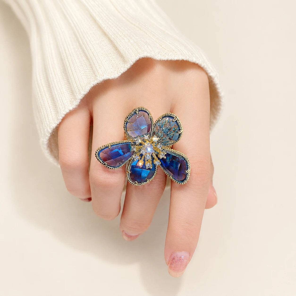 Champagne Gold Floral Crystal Statement Ring