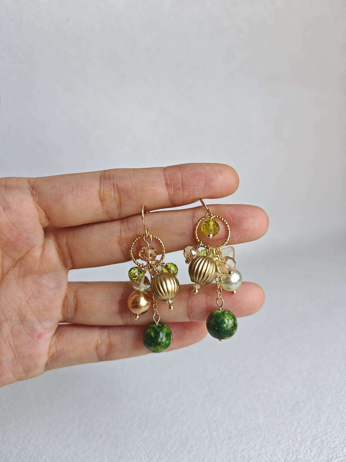 Happie Peppie Vintage Oil Painting Bead Dangle Earrings, Handmade Glass Crystal Pearl Drop Earrings
