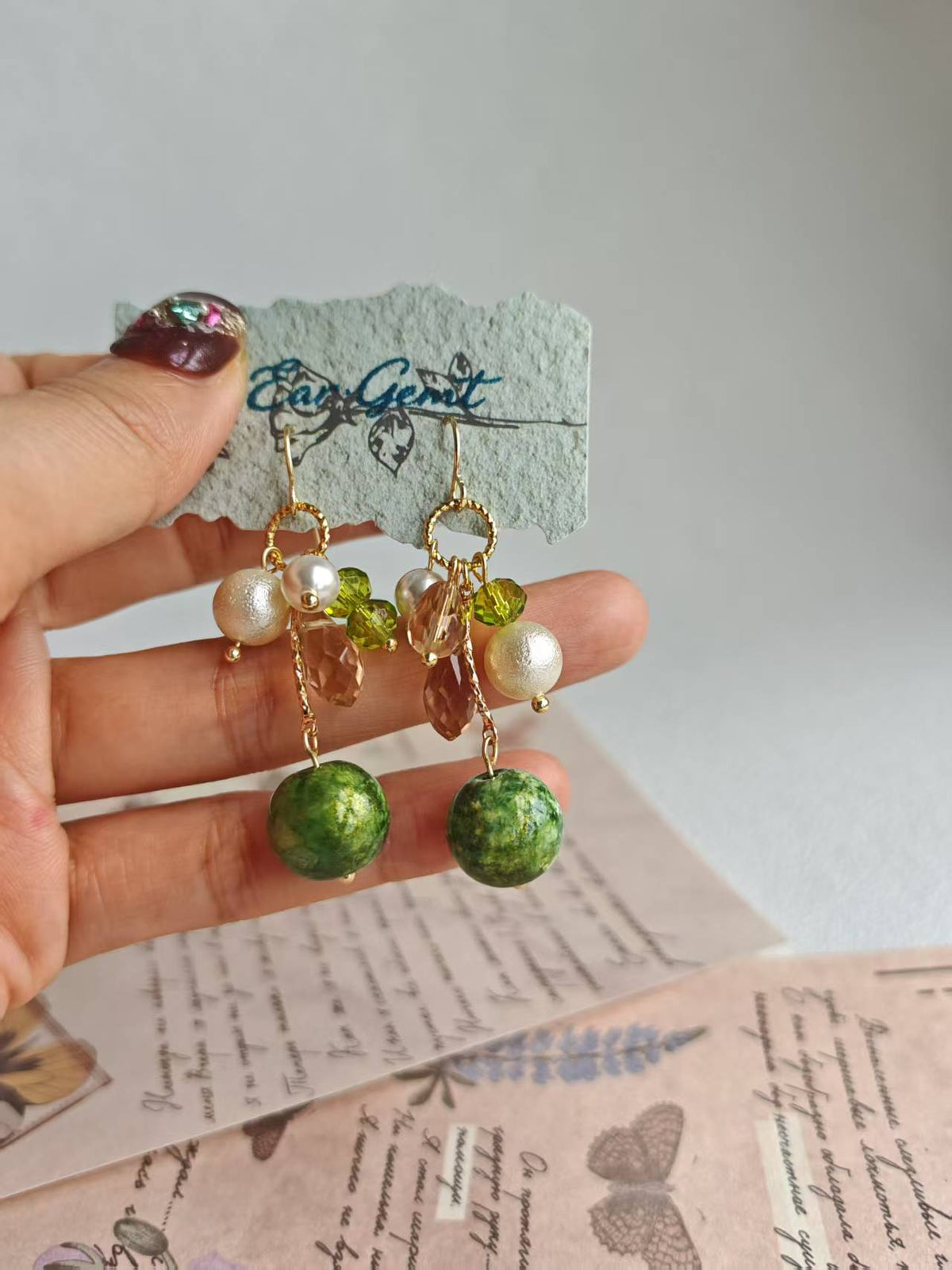 Happie Peppie Vintage Oil Painting Bead Dangle Earrings, Handmade Glass Crystal Pearl Drop Earrings