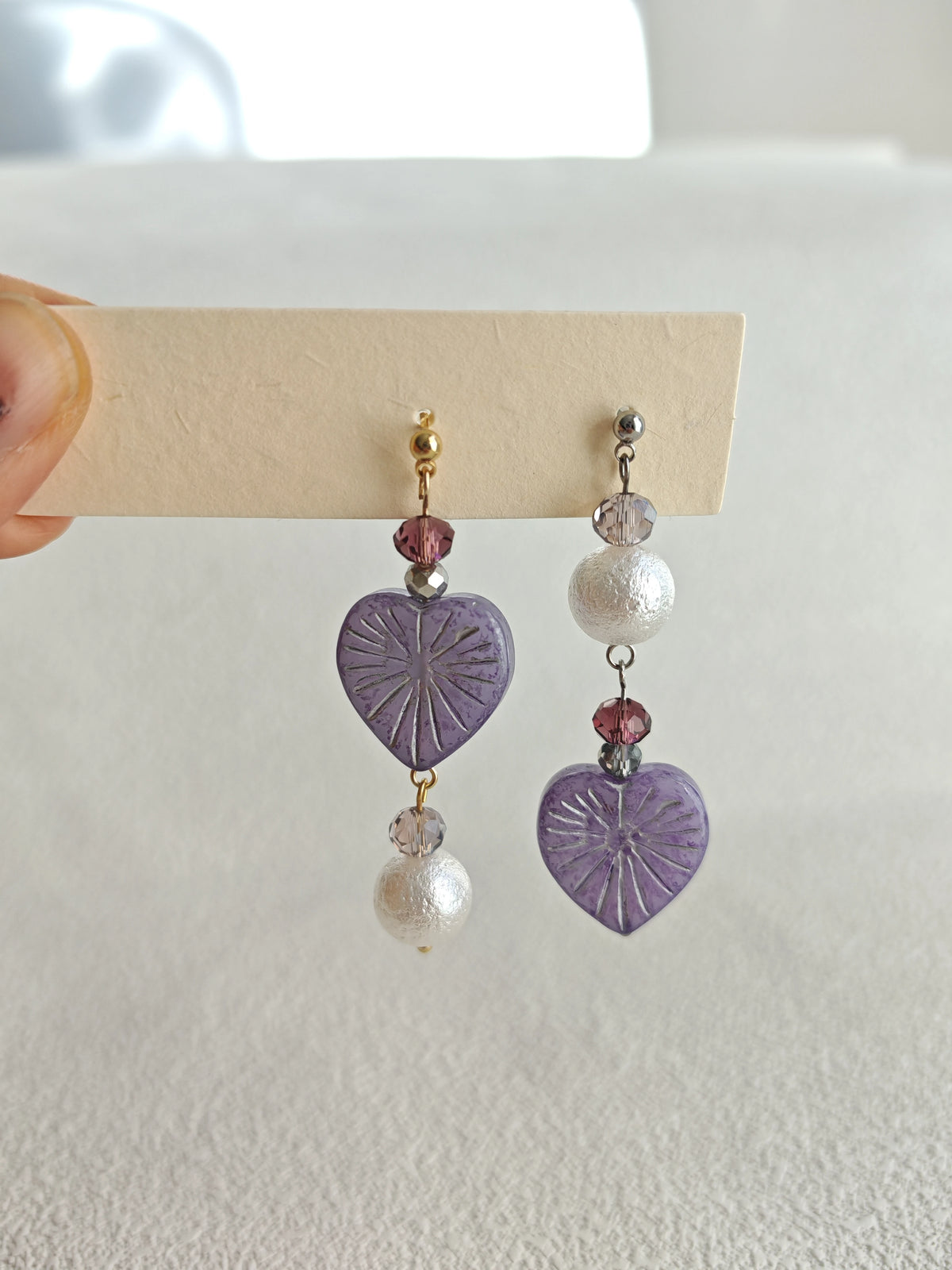 Happie Peppie Asymmetric Heart Dangle Earrings, Handmade Czech Glass & Cotton Pearl Drop Earrings for Women