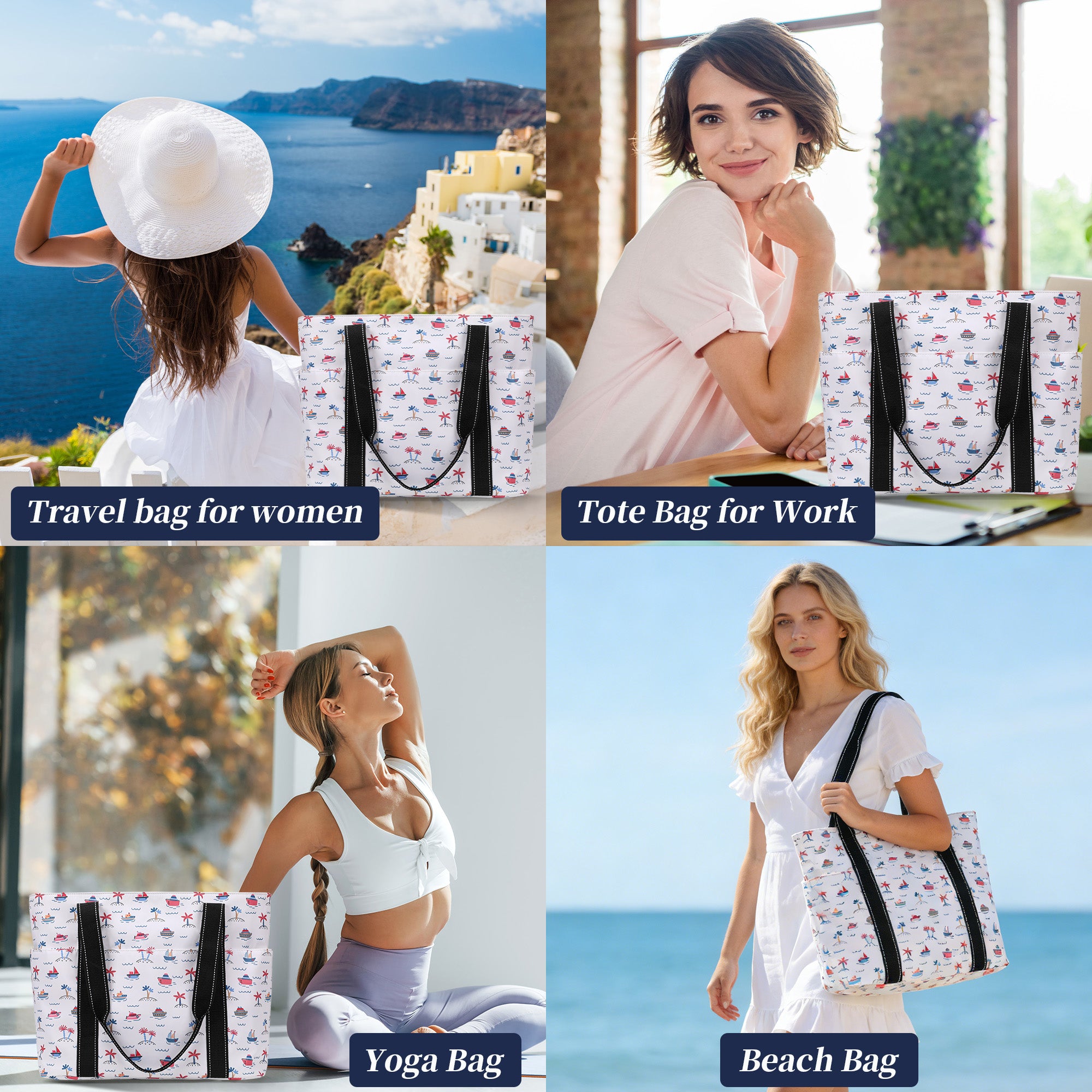 Happie Peppie Tote Bag for Women,Tote Bag with Laptop Compartment and Cup Holder,Shoulder Bag Handbag for Work, Travel, Gym, Nurse Teacher School ,with Multiple Pockets Top Zipper Closure Little Fleet