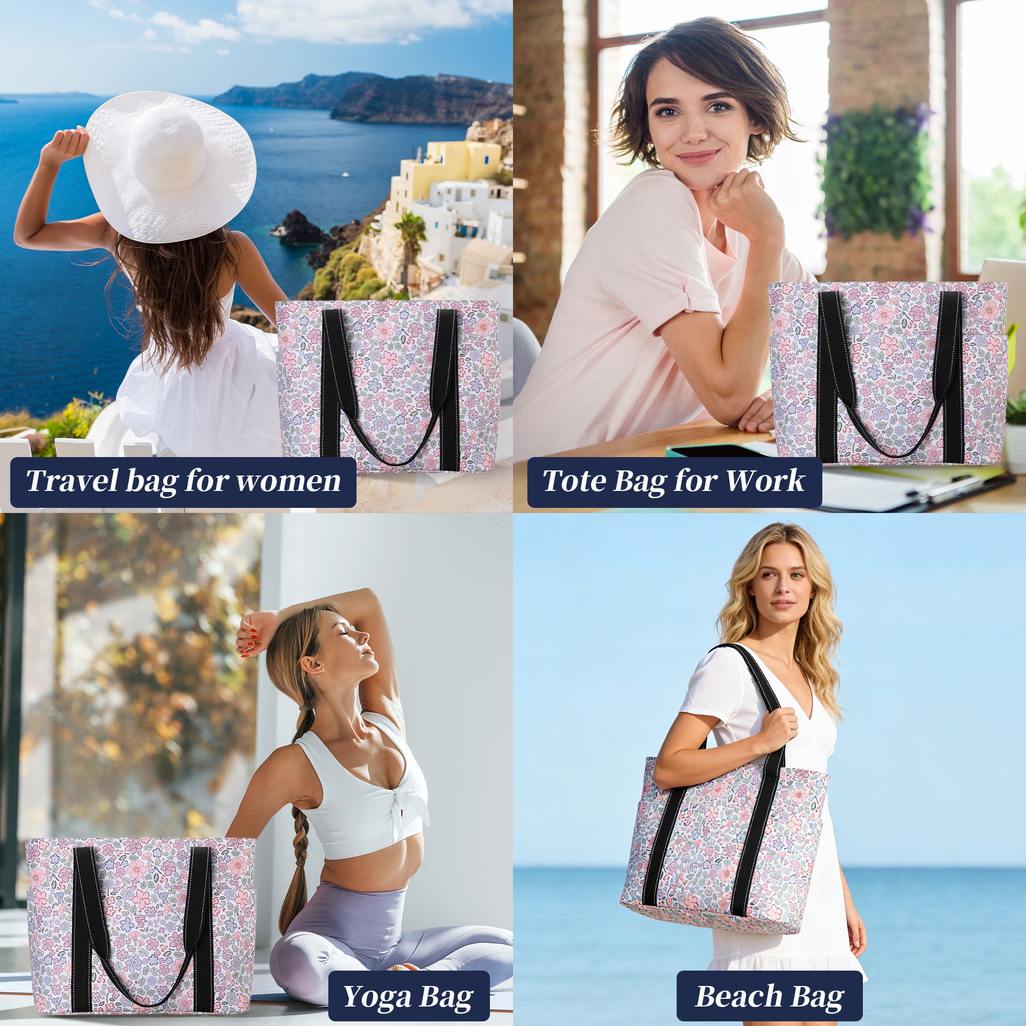 Happie Peppie Tote Bag for Women,Tote Bag with Laptop Compartment and Cup Holder,Shoulder Bag Handbag for Work, Travel, Gym, Nurse Teacher School ,with Multiple Pockets Top Zipper Closure Delicate Fleur