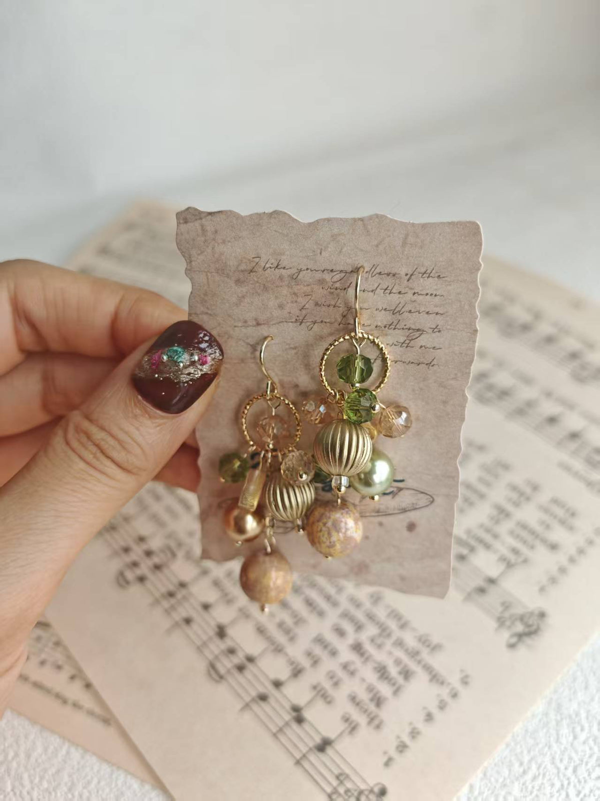 Happie Peppie Vintage Oil Painting Bead Dangle Earrings, Handmade Glass Crystal Pearl Drop Earrings