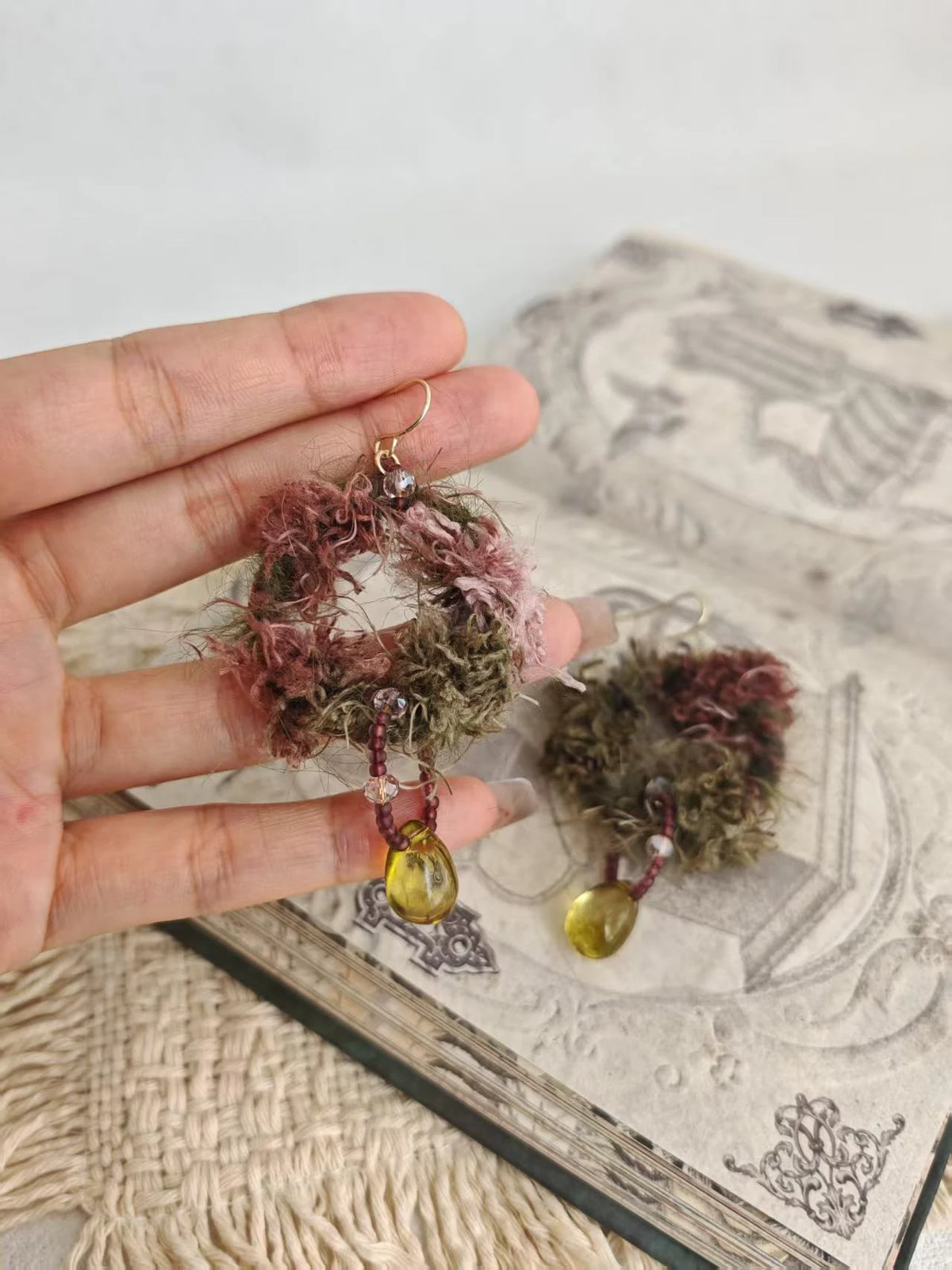 Happie Peppie Fuzzy Yarn Hoop Drop Earrings | Handmade Bohemian Statement Earrings