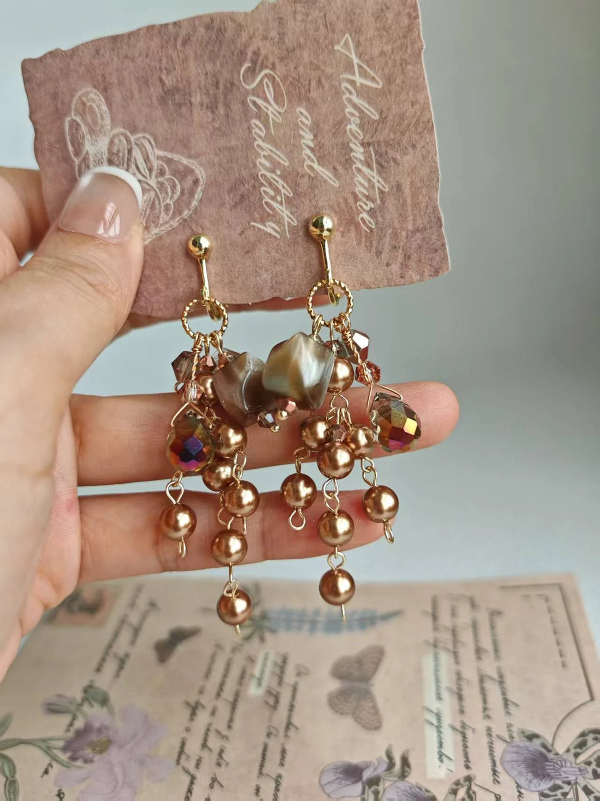 Happie Peppie Vintage Cat's Eye Bead Earrings | Brown Pearl & Glass Crystal Drop Earrings