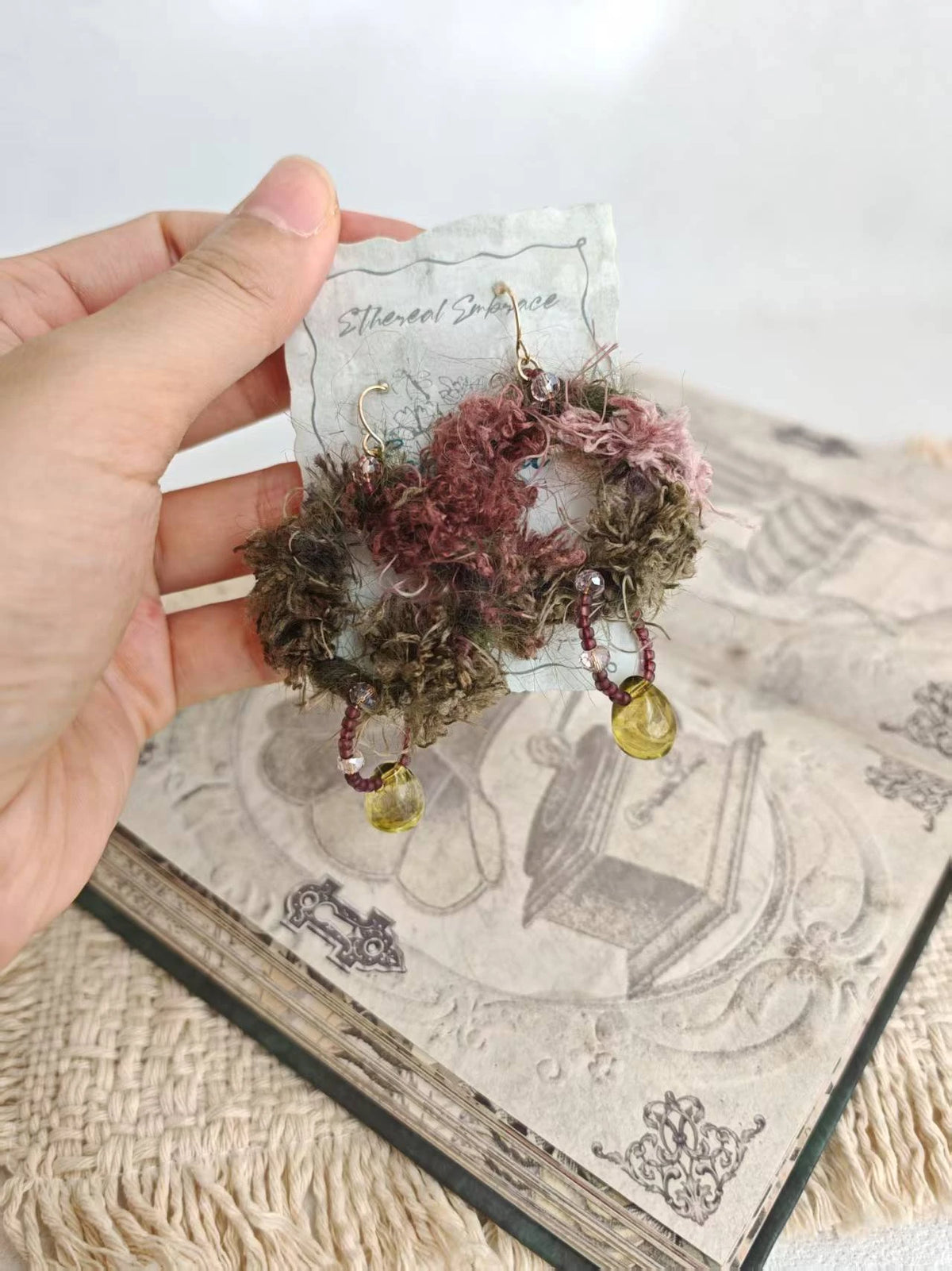 Happie Peppie Fuzzy Yarn Hoop Drop Earrings | Handmade Bohemian Statement Earrings