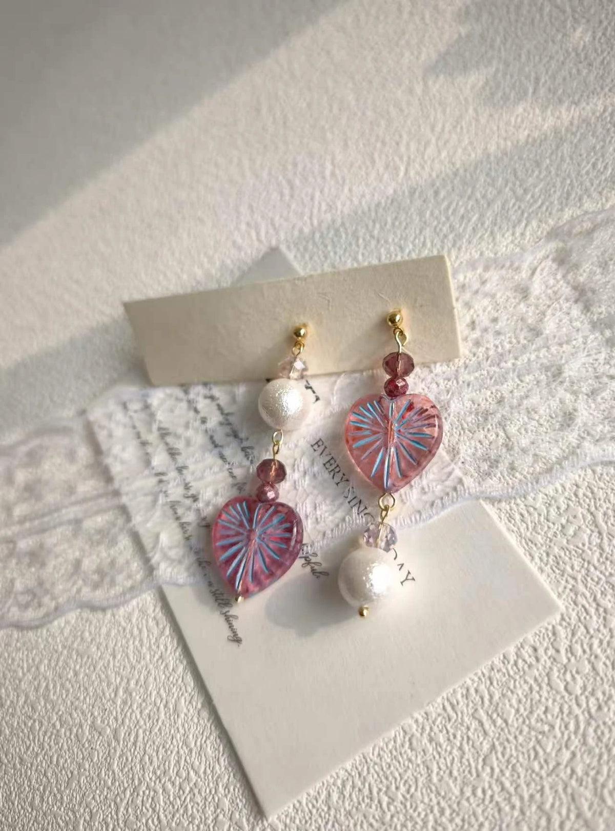 Happie Peppie Asymmetric Heart Dangle Earrings, Handmade Czech Glass & Cotton Pearl Drop Earrings for Women