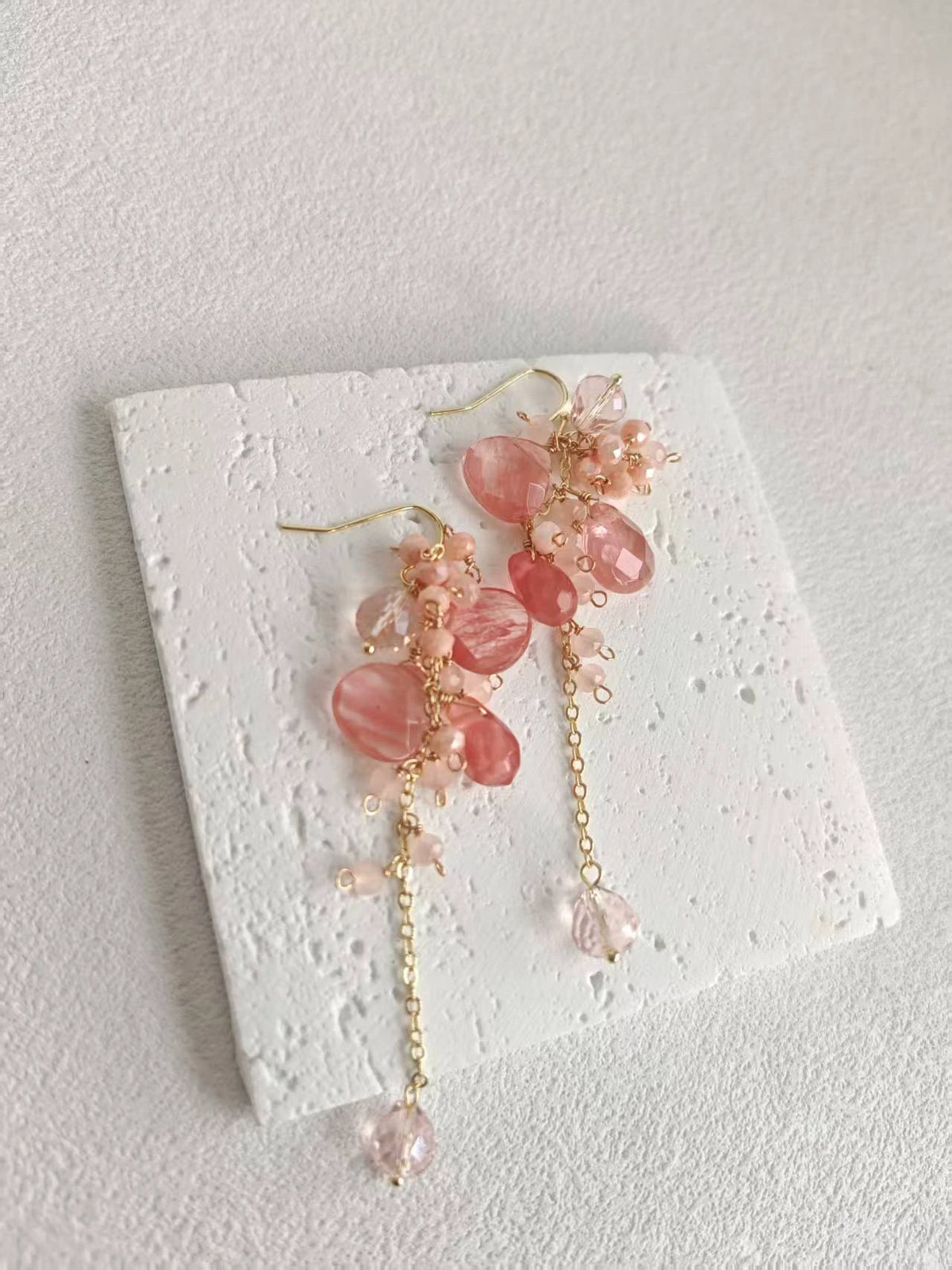 Happie Peppie  Natural Pink Quartz Cluster Earrings | Watermelon Quartz & Red Rutilated Crystal Drop Earrings