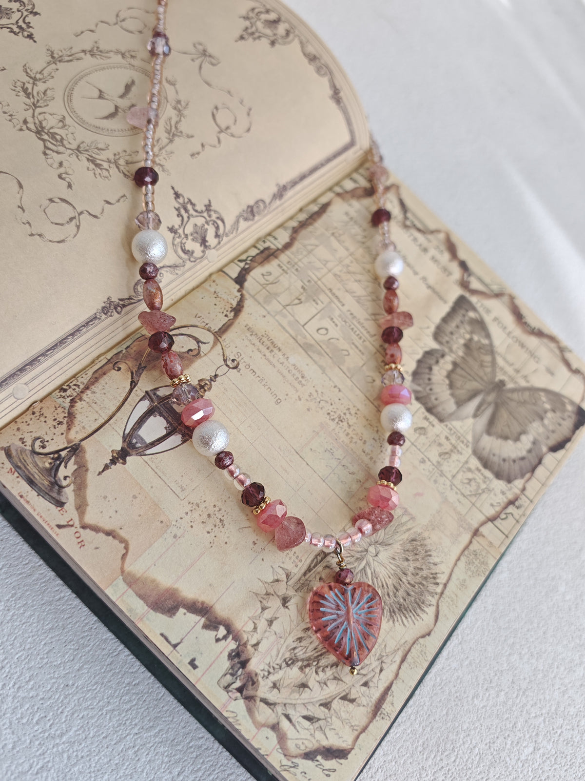 Happie Peppie One of a Kind Handstrung Czech Glass Necklace with Cotton Pearls, Romantic Pink Heart Charm