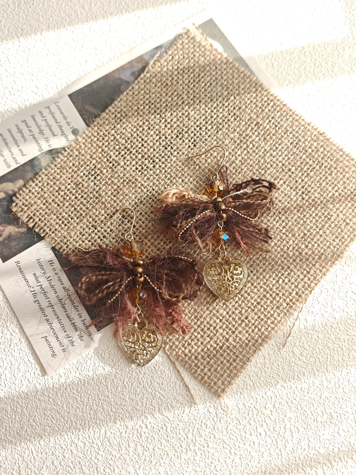 Vintage Yarn Bow Dangle Earrings | Hollow Heart Metal Charms Amber Crystal Drop Earrings, 925 Sterling Silver Hooks（Custom order）