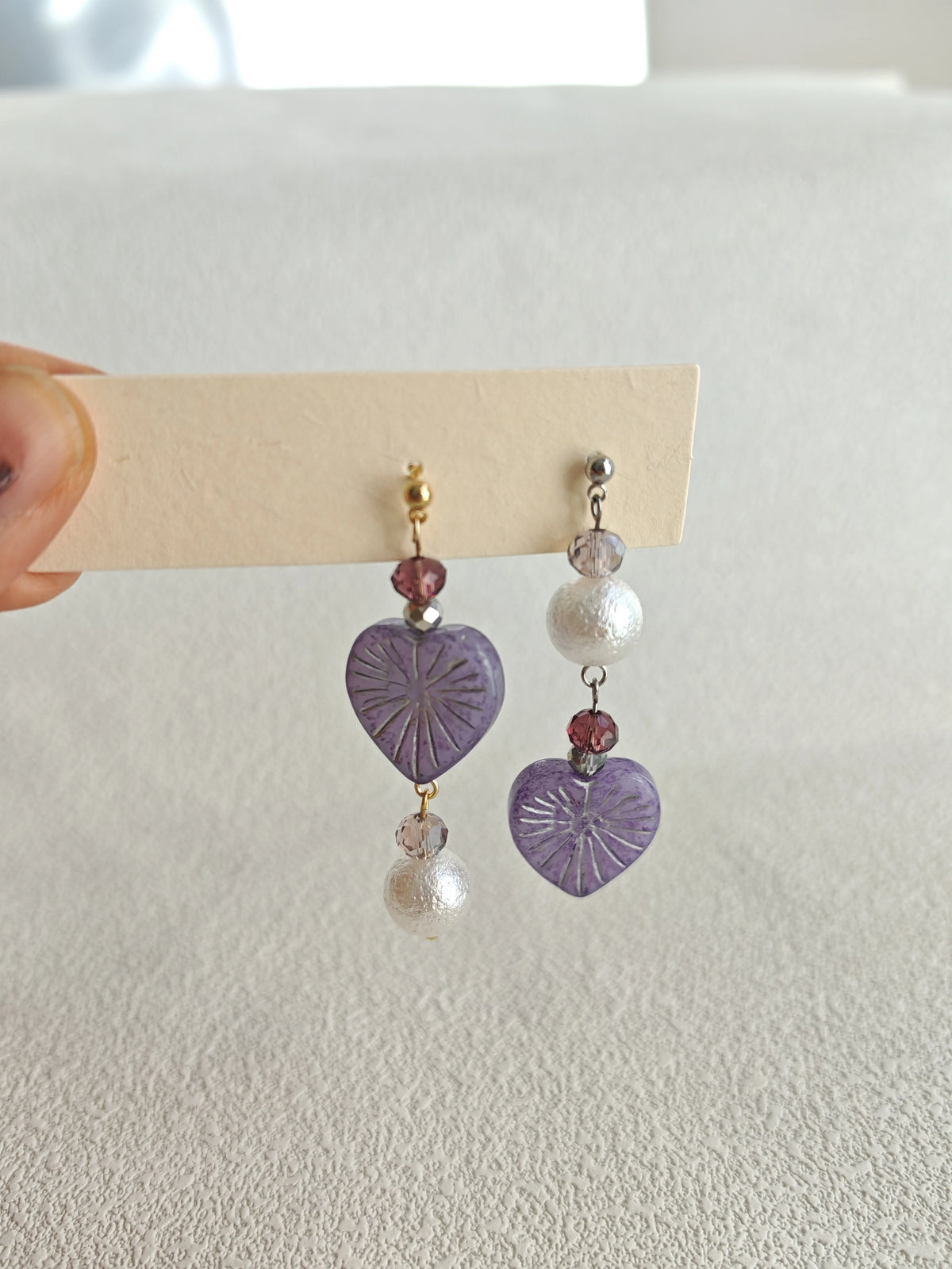 Happie Peppie Asymmetric Heart Dangle Earrings, Handmade Czech Glass & Cotton Pearl Drop Earrings for Women