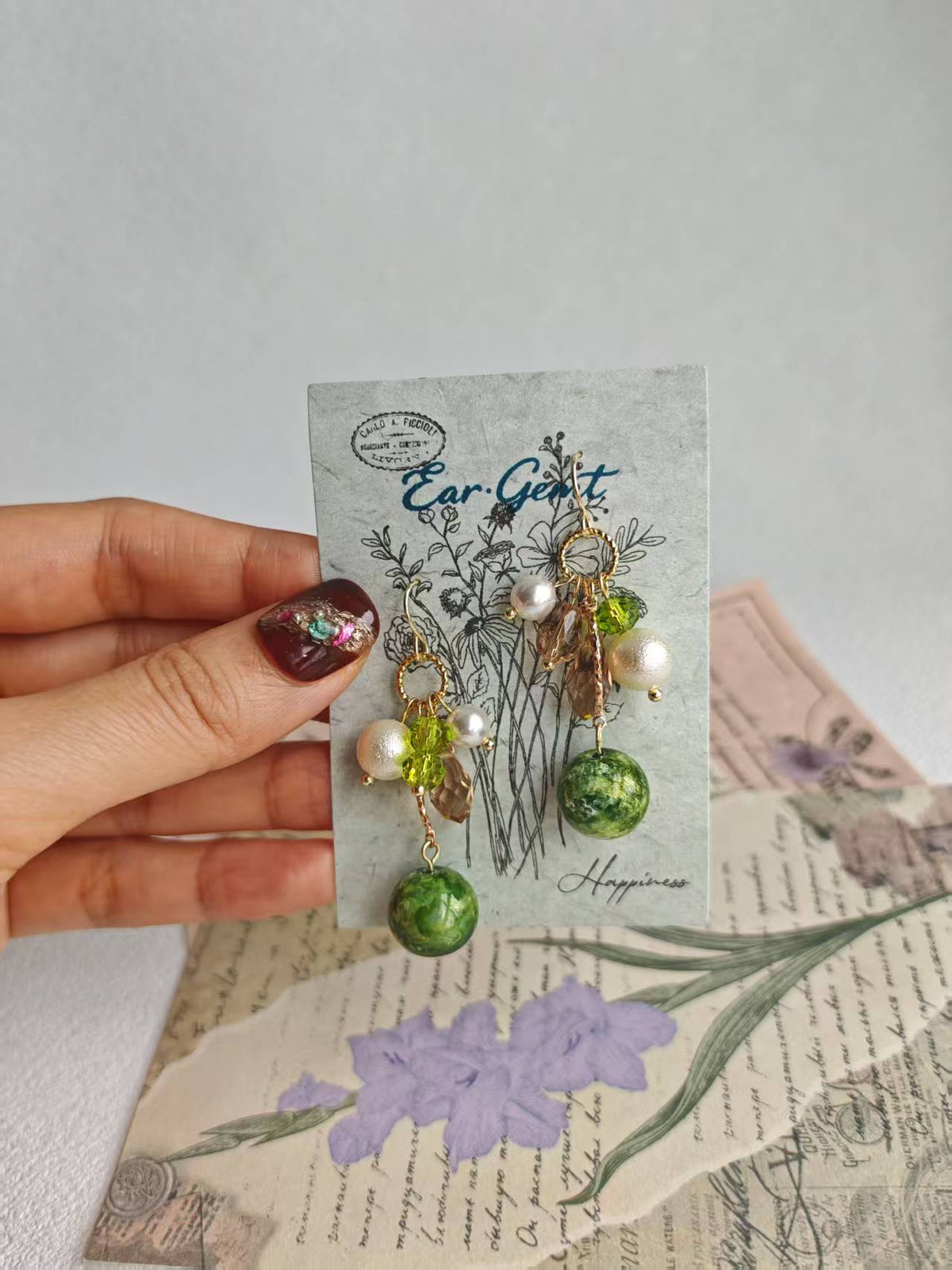 Happie Peppie Vintage Oil Painting Bead Dangle Earrings, Handmade Glass Crystal Pearl Drop Earrings