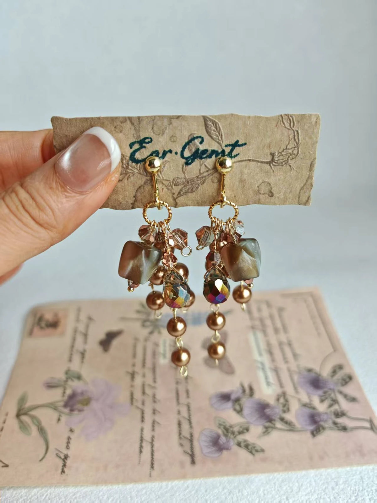 Happie Peppie Vintage Cat's Eye Bead Earrings | Brown Pearl & Glass Crystal Drop Earrings