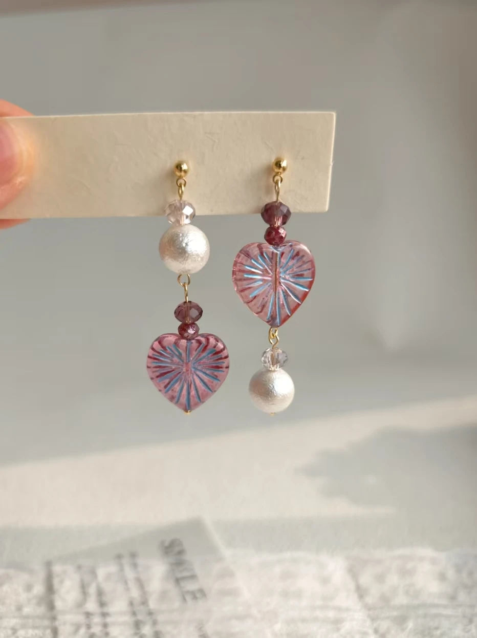 Happie Peppie Asymmetric Heart Dangle Earrings, Handmade Czech Glass & Cotton Pearl Drop Earrings for Women