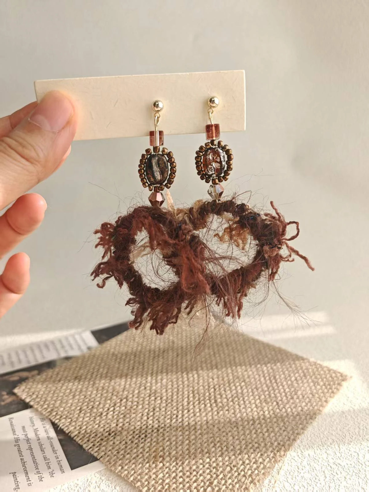 Happie Peppie Mohair Fuzzy Hoop Earrings | Coffee Bean Bead Handmade Drop Earrings