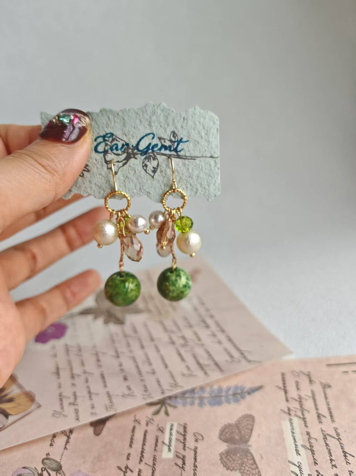 Happie Peppie Vintage Oil Painting Bead Dangle Earrings, Handmade Glass Crystal Pearl Drop Earrings